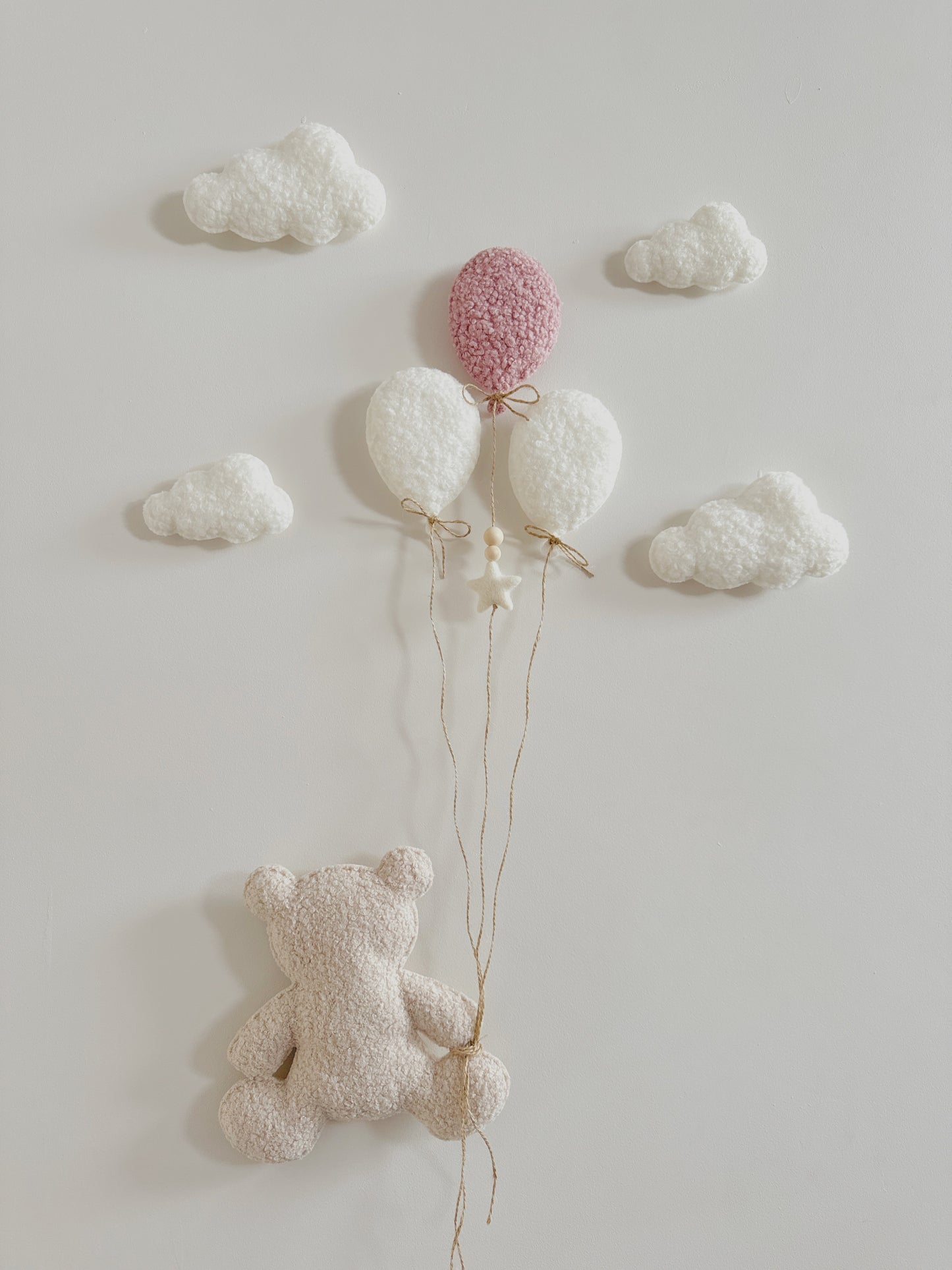 Balloon & Clouds Wall Display Set - 8 piece - 3 Mini Balloons - Large Teddy Bear - Ivory, Ecru & Dusty Rose Bouclé