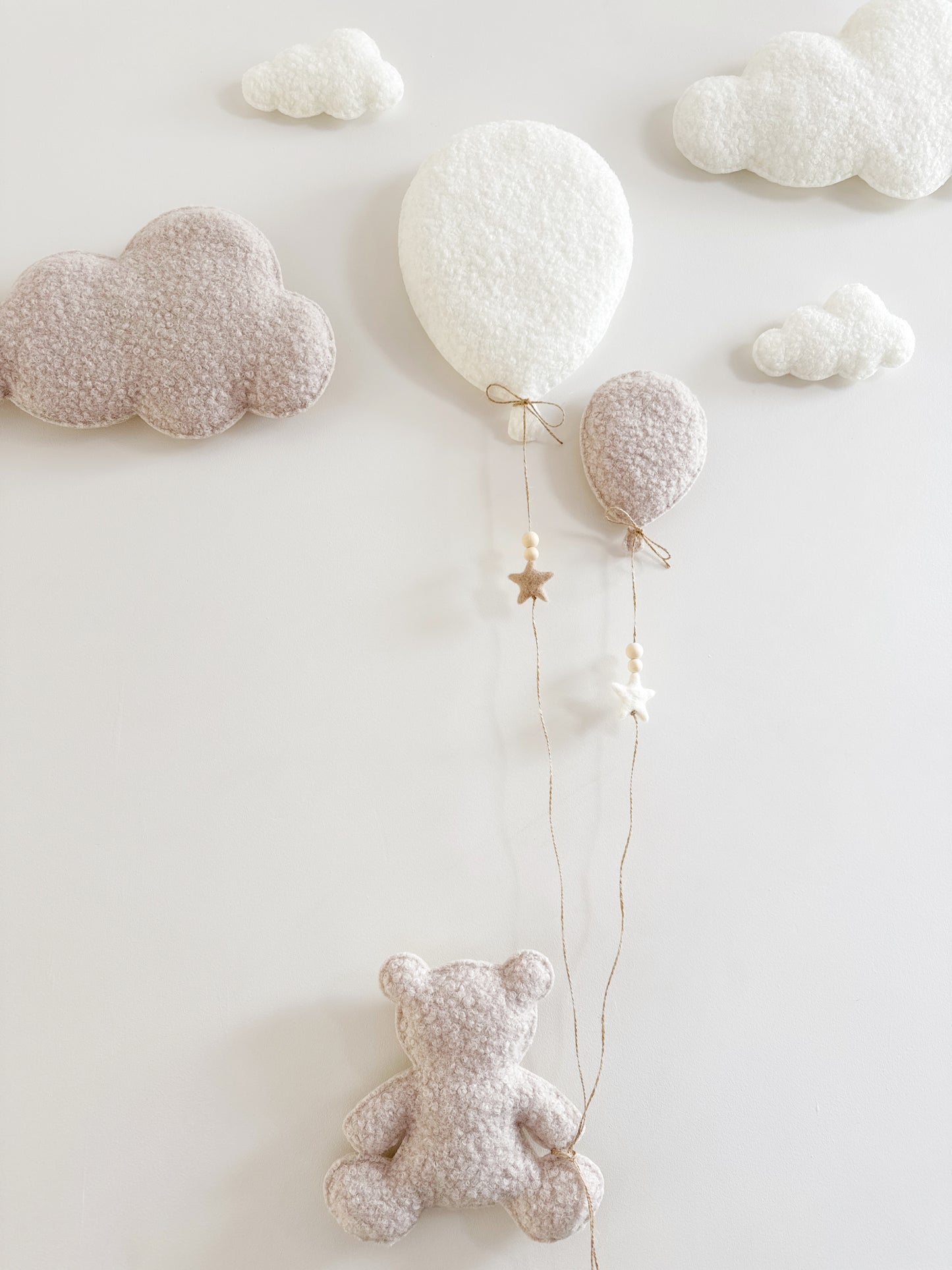 Balloons & Clouds Wall Display Set - 2 Balloons, Large Teddy Bear - Ivory & Stone Bouclé