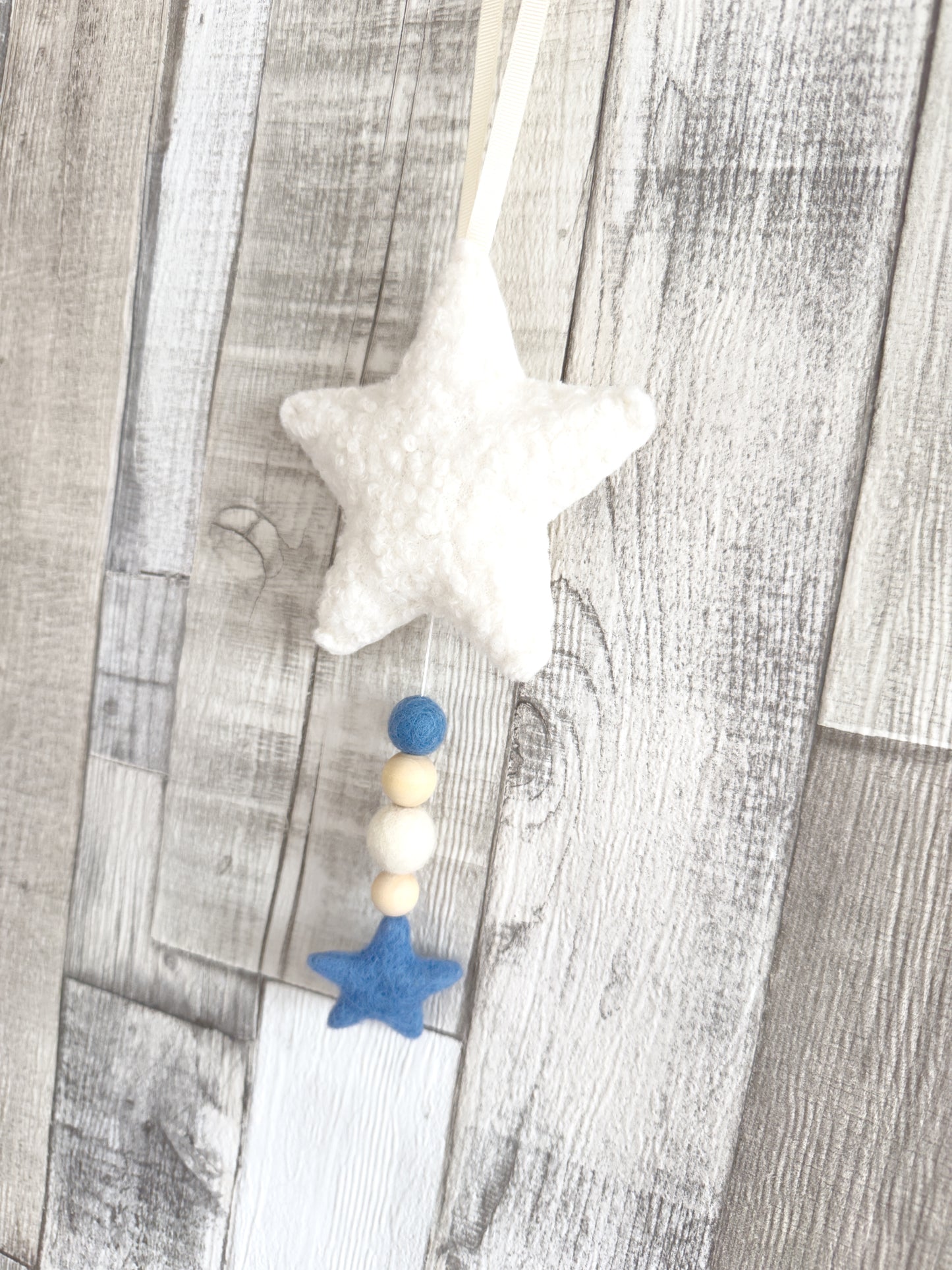 Bouclé Star Hanging Decoration - Stone & Blue - READY TO POST