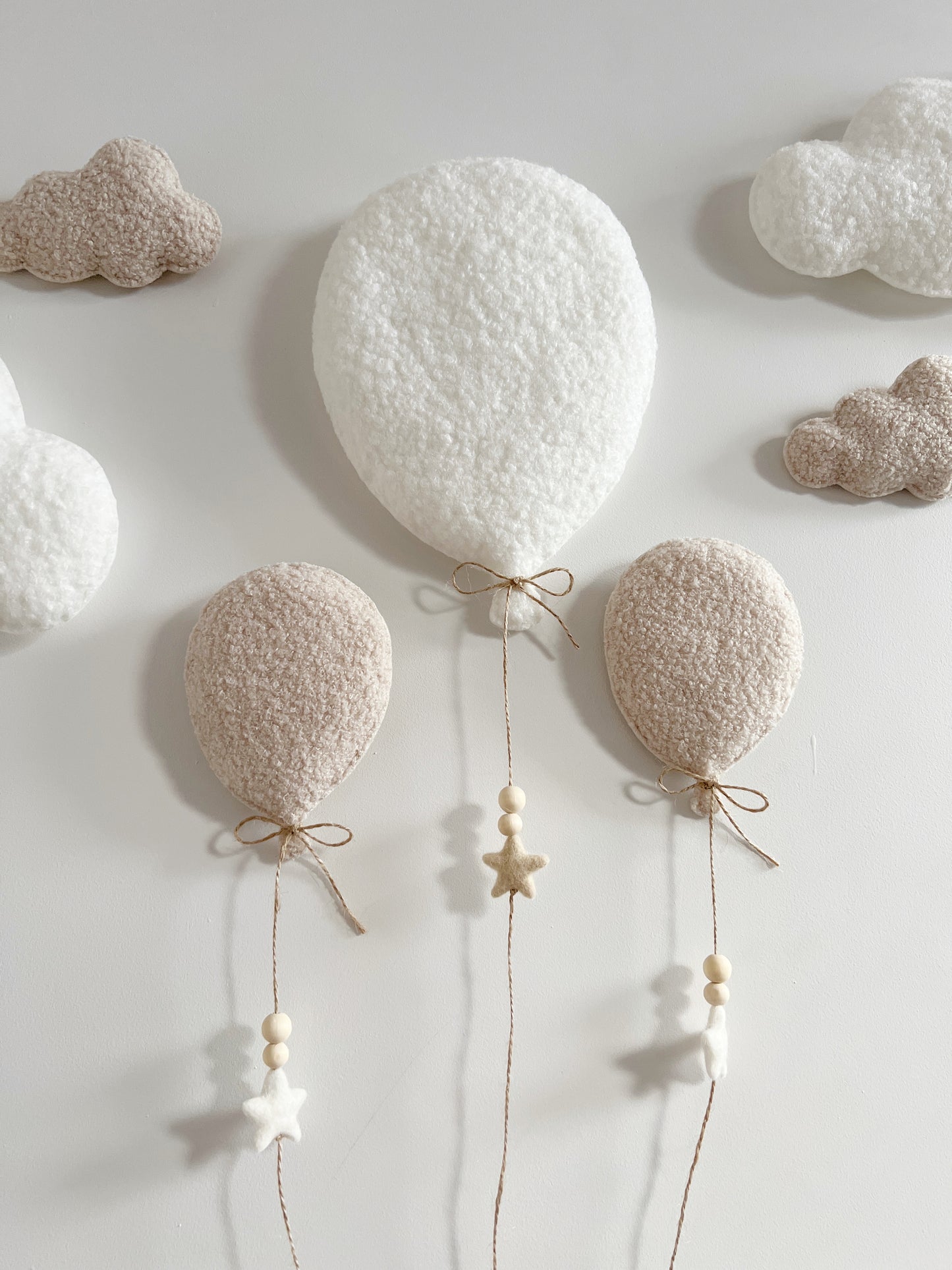 Balloons & Clouds Wall Display Set - 3 Balloons - Small Teddy Bear - Ivory & Ecru Bouclé