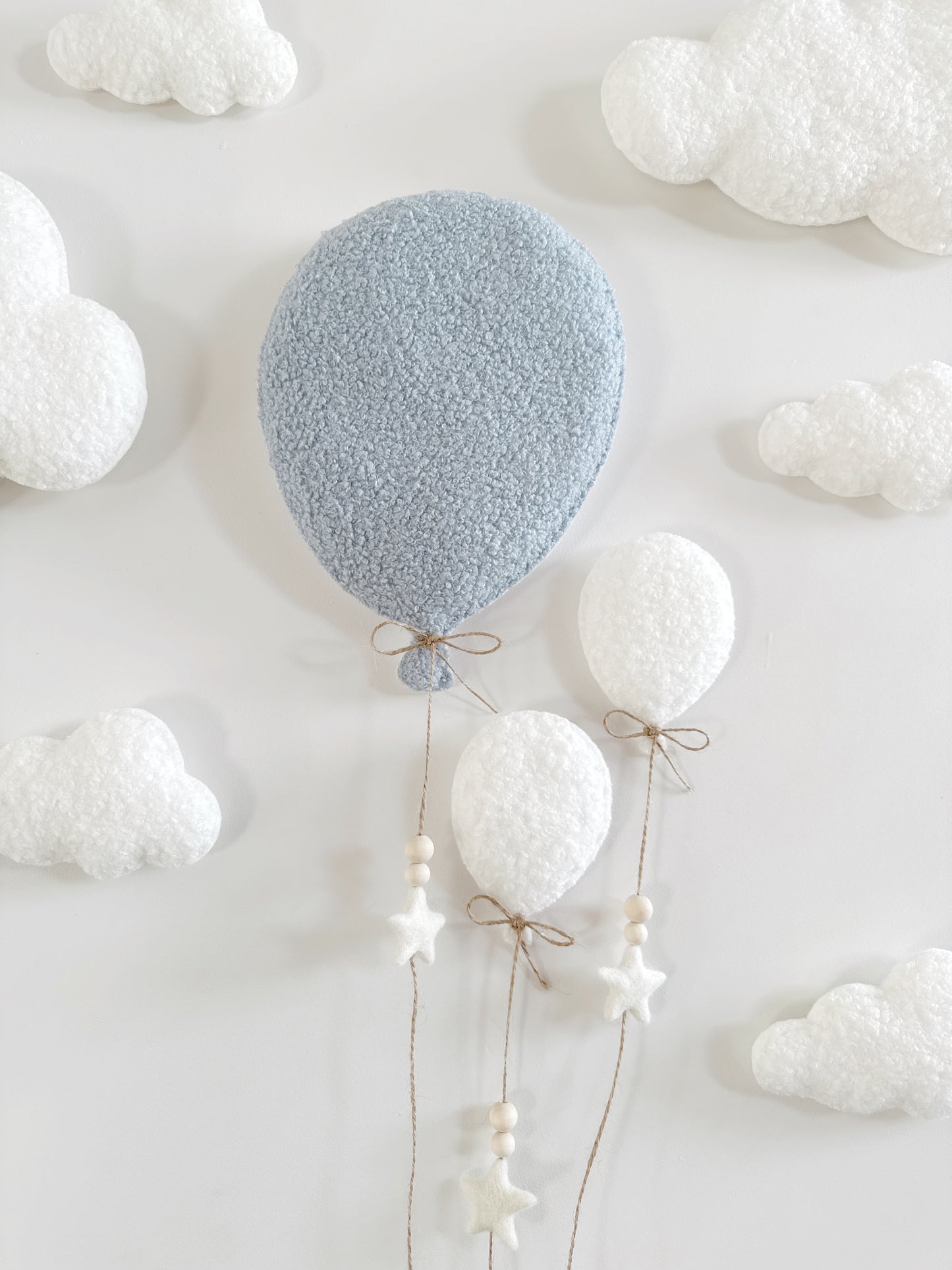 Balloons & Clouds Wall Display Set -10 piece set - Large Teddy Bear - Ivory & Baby Blue Bouclé