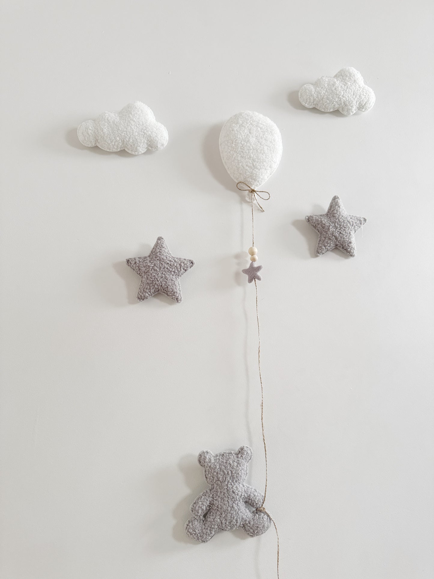 Mini Baby Bear Wall Display Set - Balloon & Teddy Bear with Clouds & Stars - White & Light Grey Bouclé