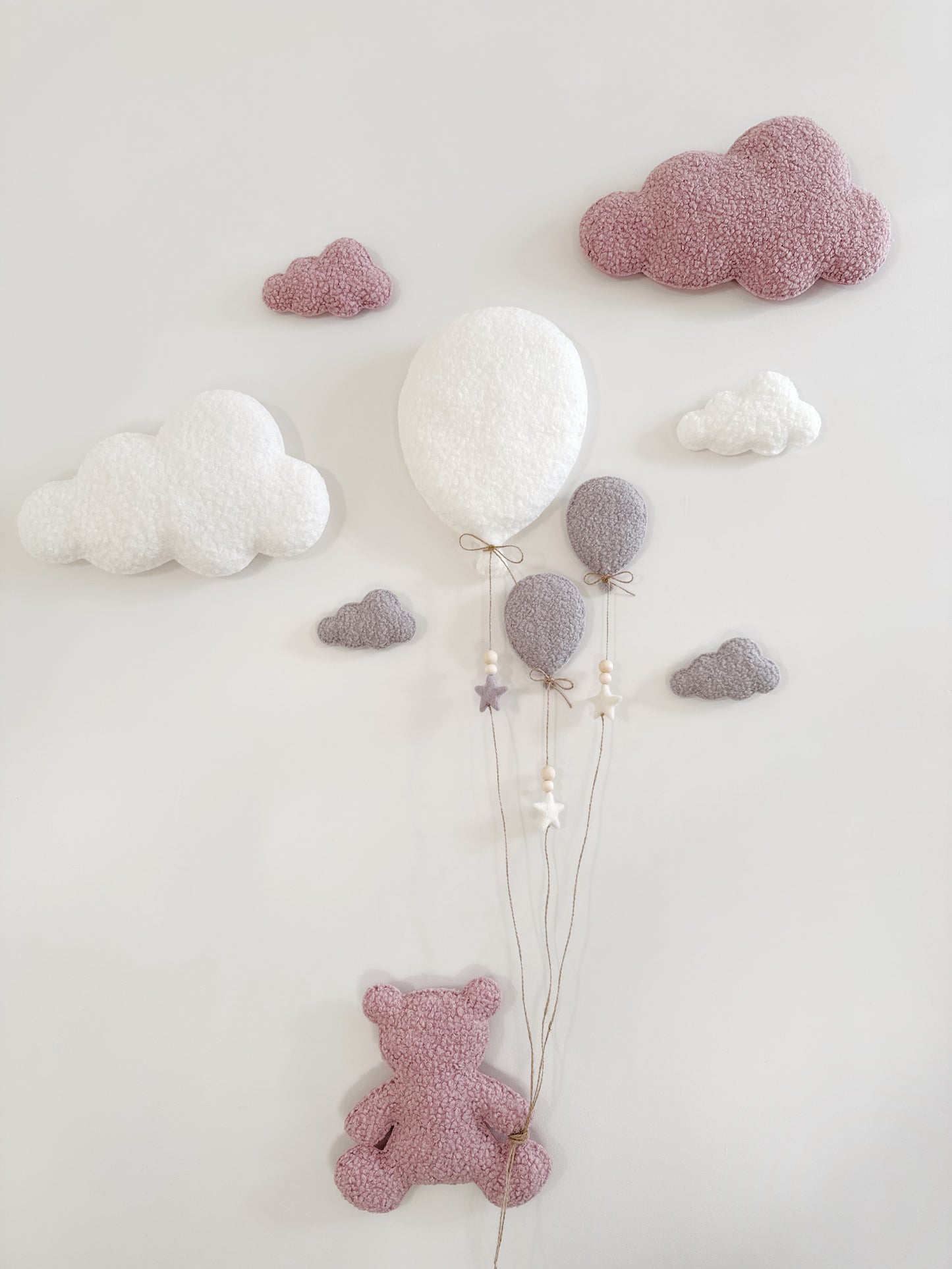 Balloons & Clouds Wall Display Set -10 piece set - Large Teddy Bear - Dusty Rose, Light Grey & Ivory Bouclé