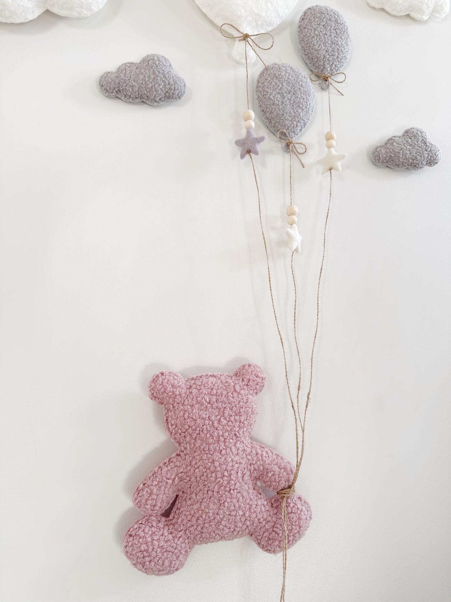 Balloons & Clouds Wall Display Set -10 piece set - Large Teddy Bear - Dusty Rose, Light Grey & Ivory Bouclé