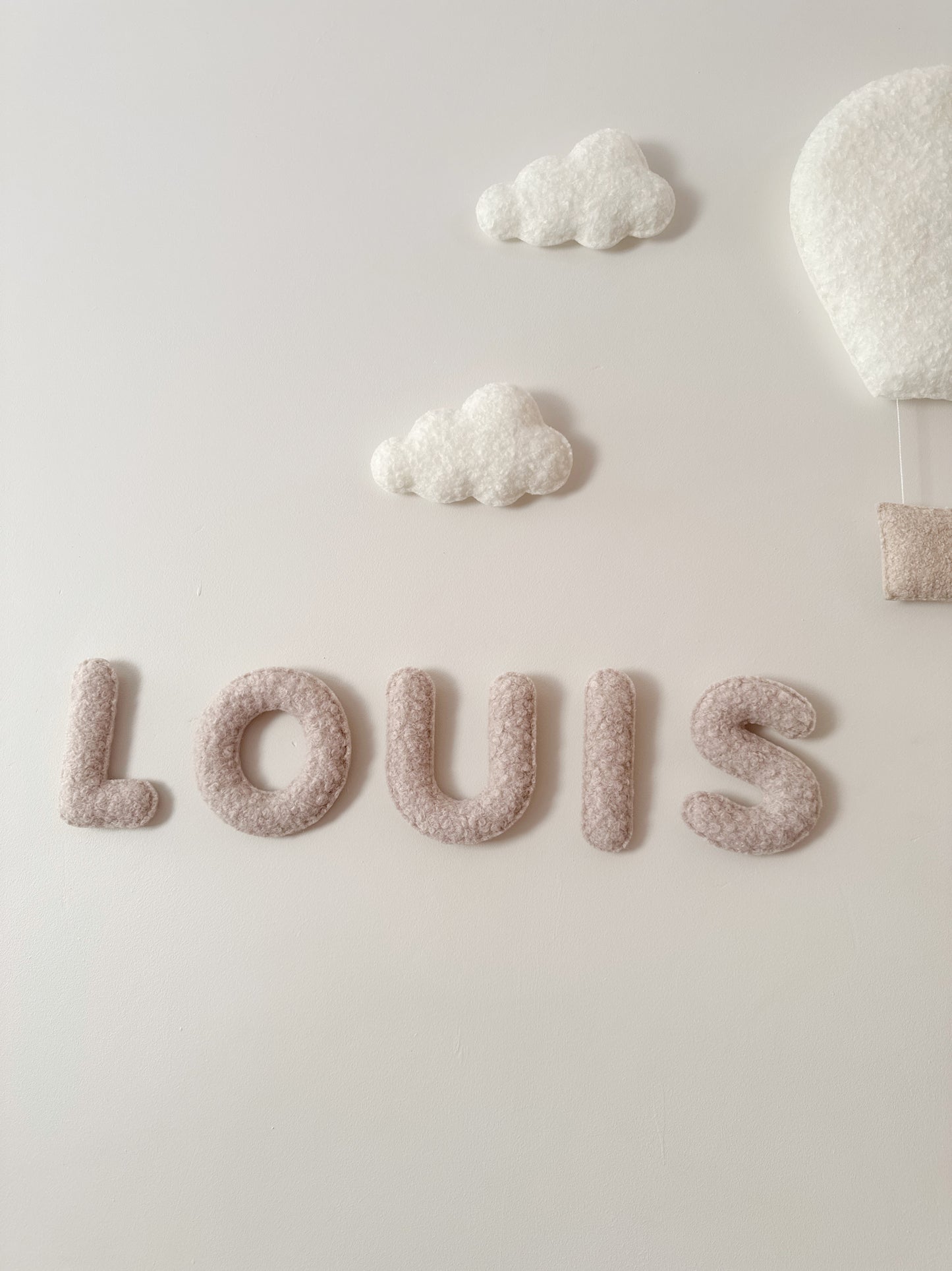 Personalised Name & Hot Air Balloons with Clouds Wall Display Set - Ivory & Stone Bouclé