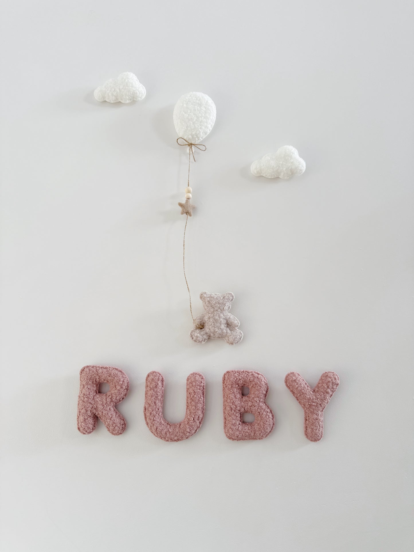 Personalised Name with Mini Teddy Bear, Balloon & Clouds Wall Display Set - Ivory, Rose & Stone Bouclé