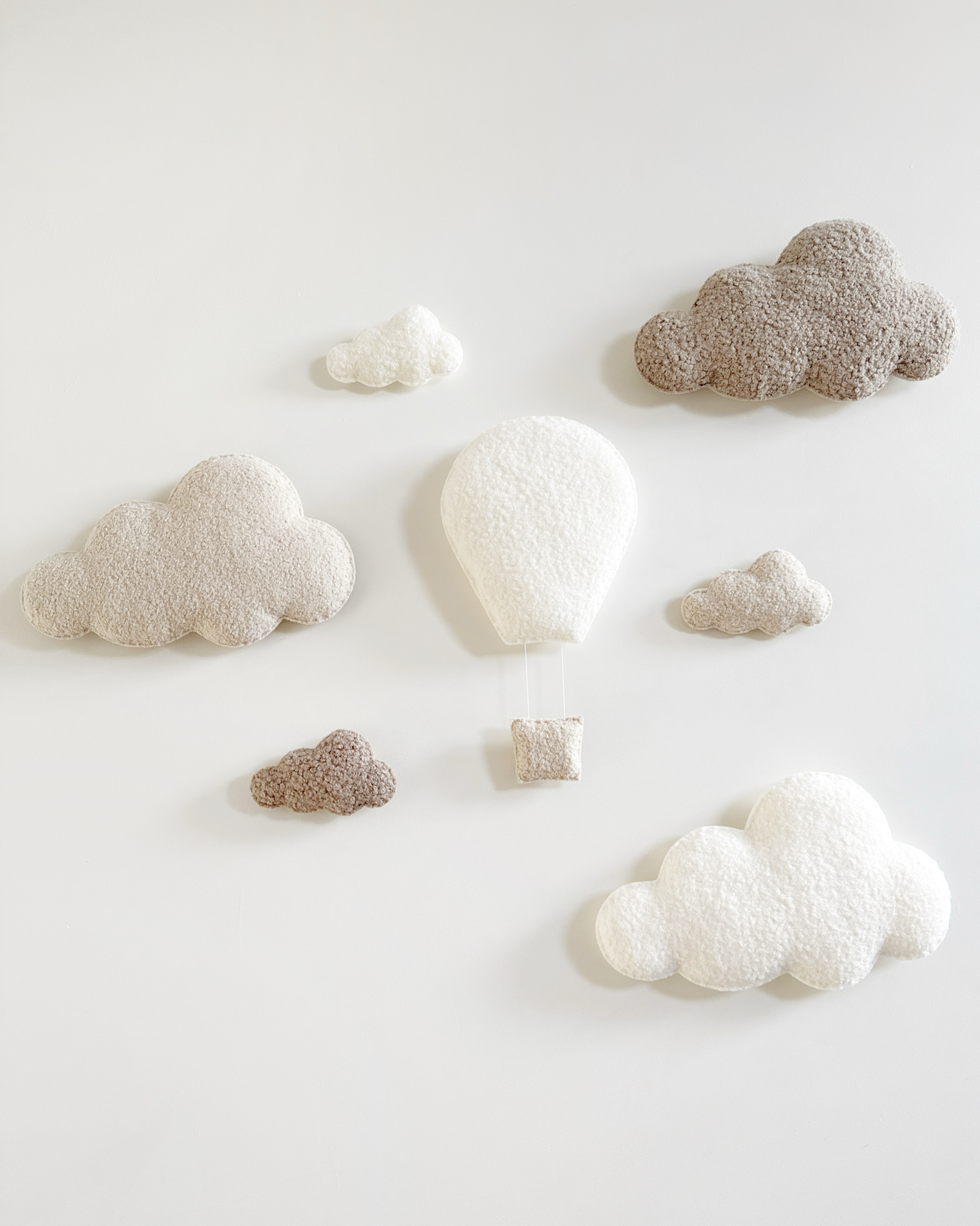 Large Hot Air Balloon Wall Display Set with XL & Small Clouds - 7 piece set - Ivory, Taupe & Ecru Bouclé