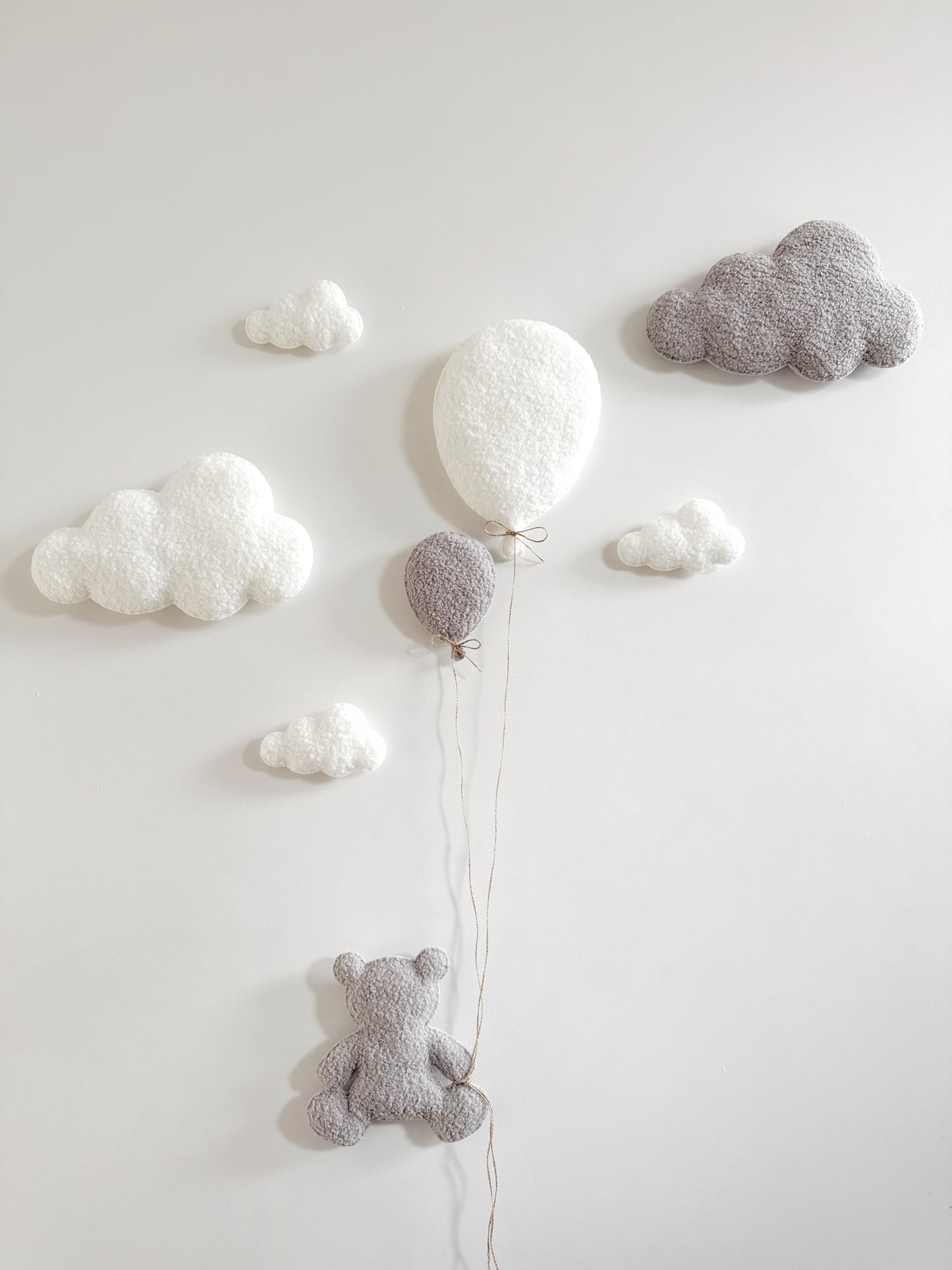 Balloons & Clouds Wall Display Set - 2 Balloons, Large Teddy Bear - Ivory & Light Grey Bouclé