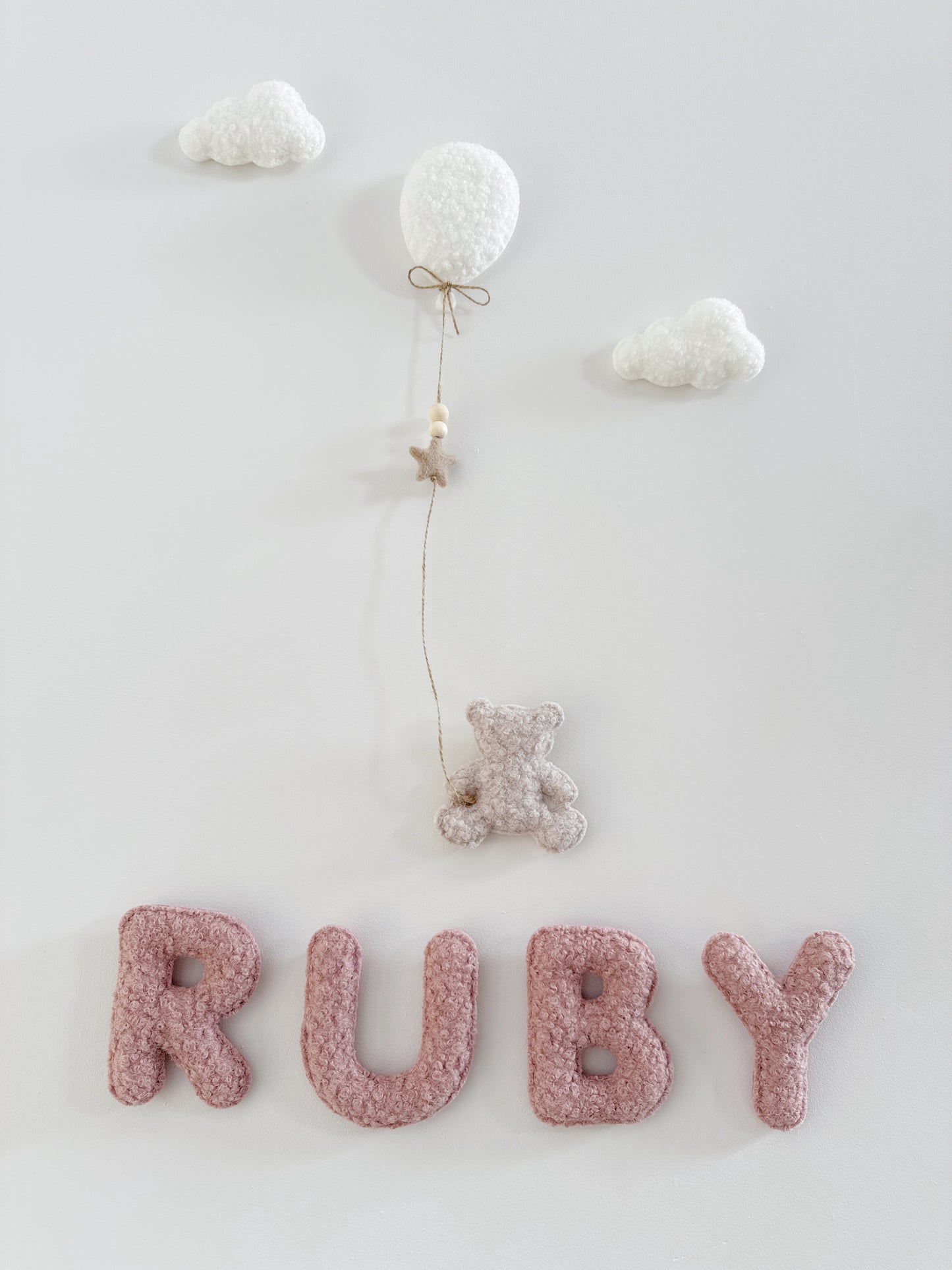 Personalised Name with Mini Teddy Bear, Balloon & Clouds Wall Display Set - Ivory, Rose & Stone Bouclé