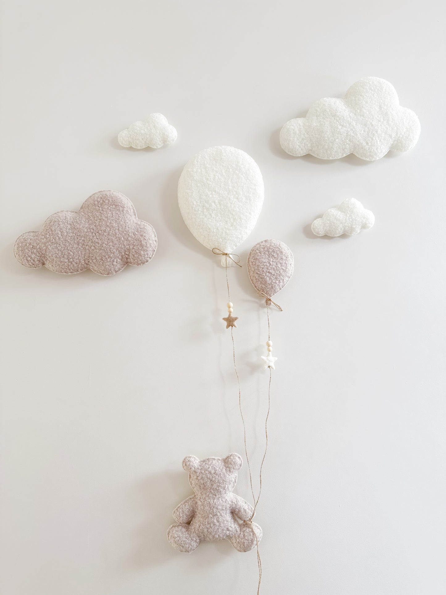 Balloons & Clouds Wall Display Set - 2 Balloons, Large Teddy Bear - Ivory & Stone Bouclé