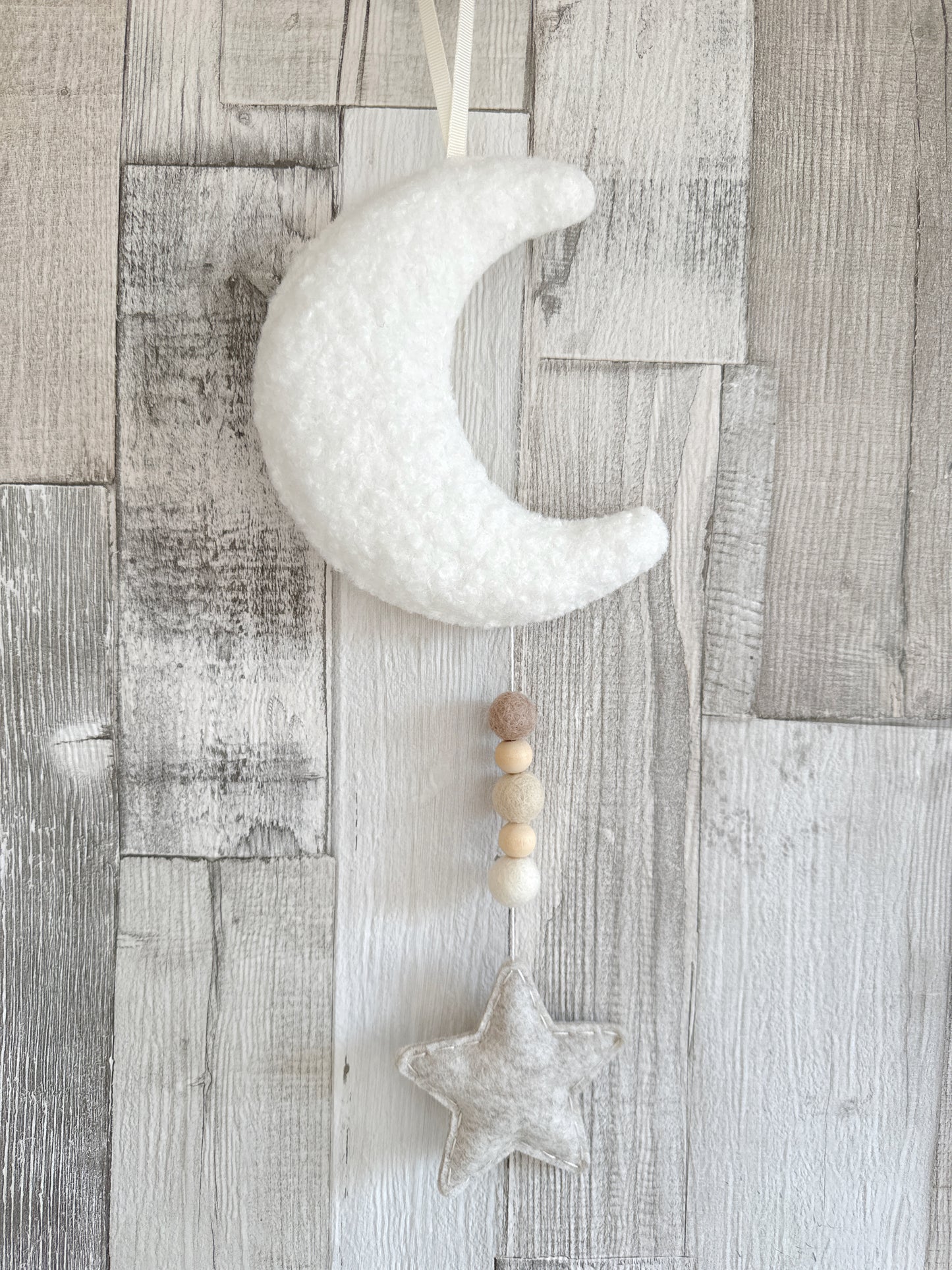 Mini Bouclé Moon & Star Hanging Decoration - Ivory Bouclé & Oatmeal Felt - READY TO POST