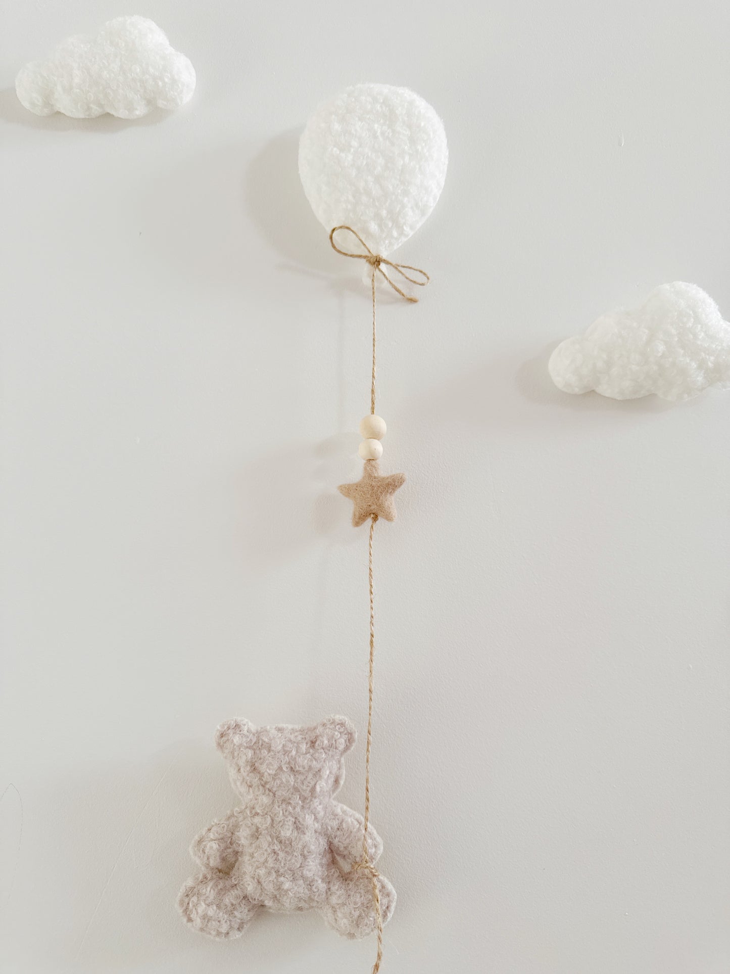 Mini Baby Bear Wall Display Set - Balloon & Teddy Bear with Clouds - Ivory & Stone Bouclé