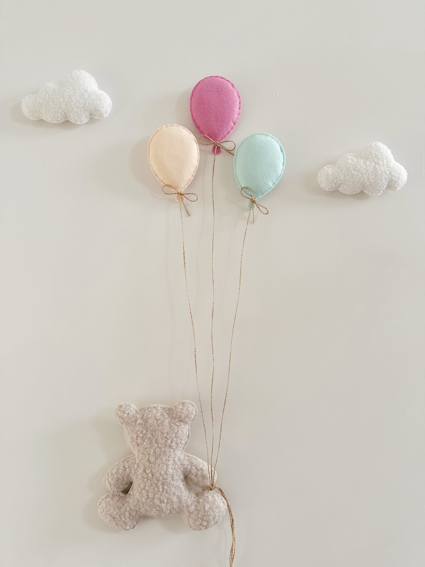 Balloons & Clouds Wall Display Set - 3 Mini Balloons Mixed Colours, Large Teddy Bear - Ivory & Stone Bouclé