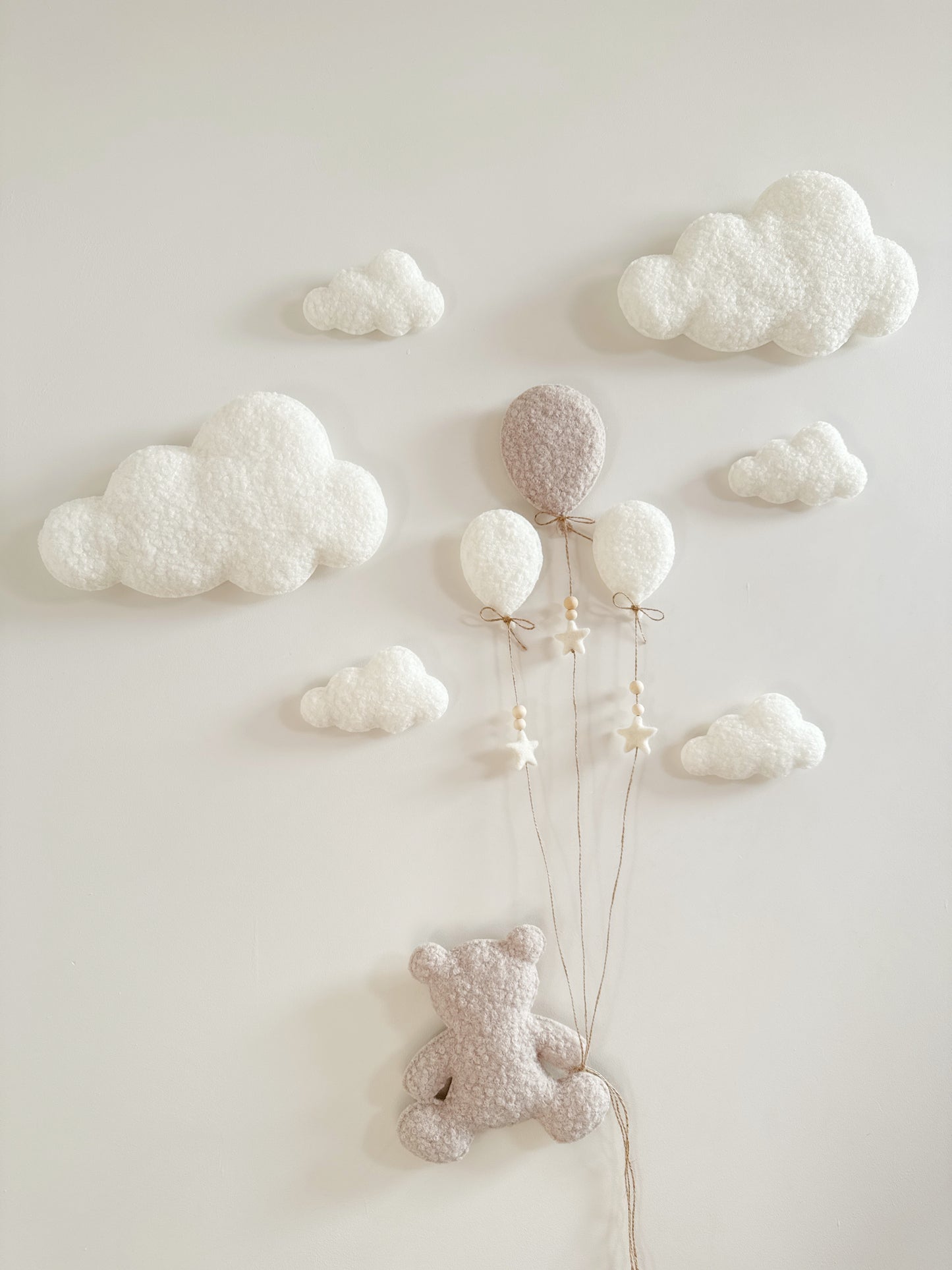 Balloon & Clouds Wall Display Set - 10 piece Set with XL Clouds, Small & Mini Balloons - Large Teddy Bear - Ivory & Stone Bouclé