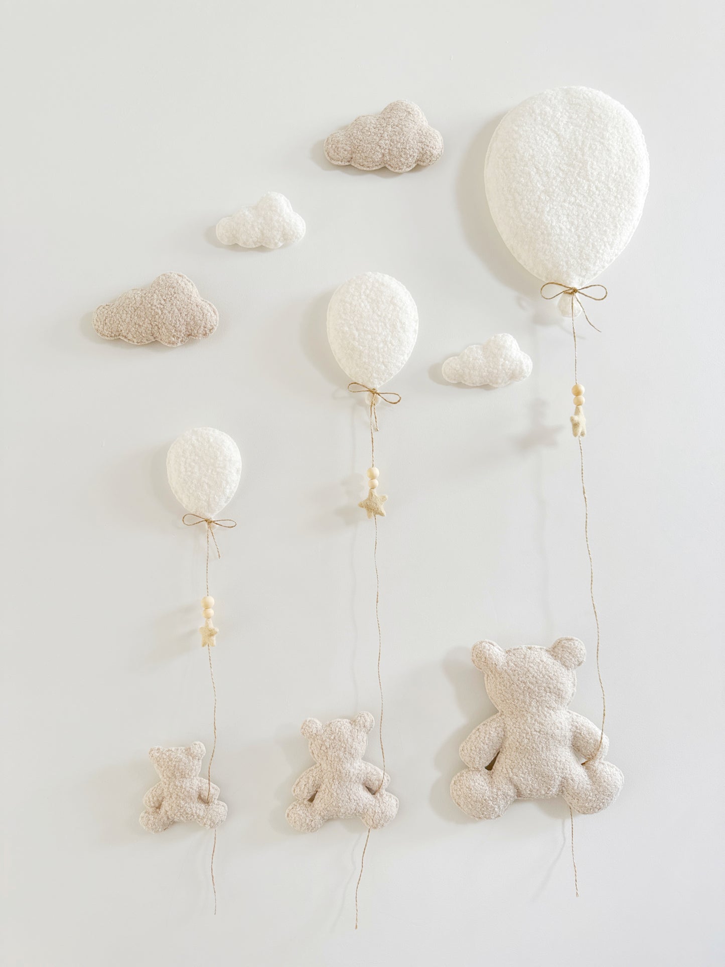 Family of 3 Teddy Bears with Balloons & Clouds Wall Display Set - Ivory & Ecru Bouclé