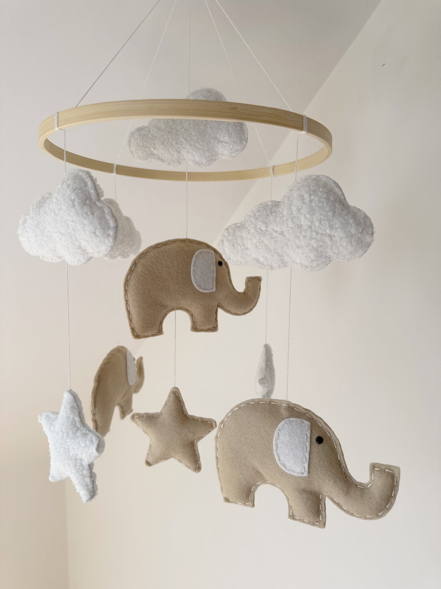 Elephants, Clouds & Stars Cot Mobile - Beige Felt & White Bouclé