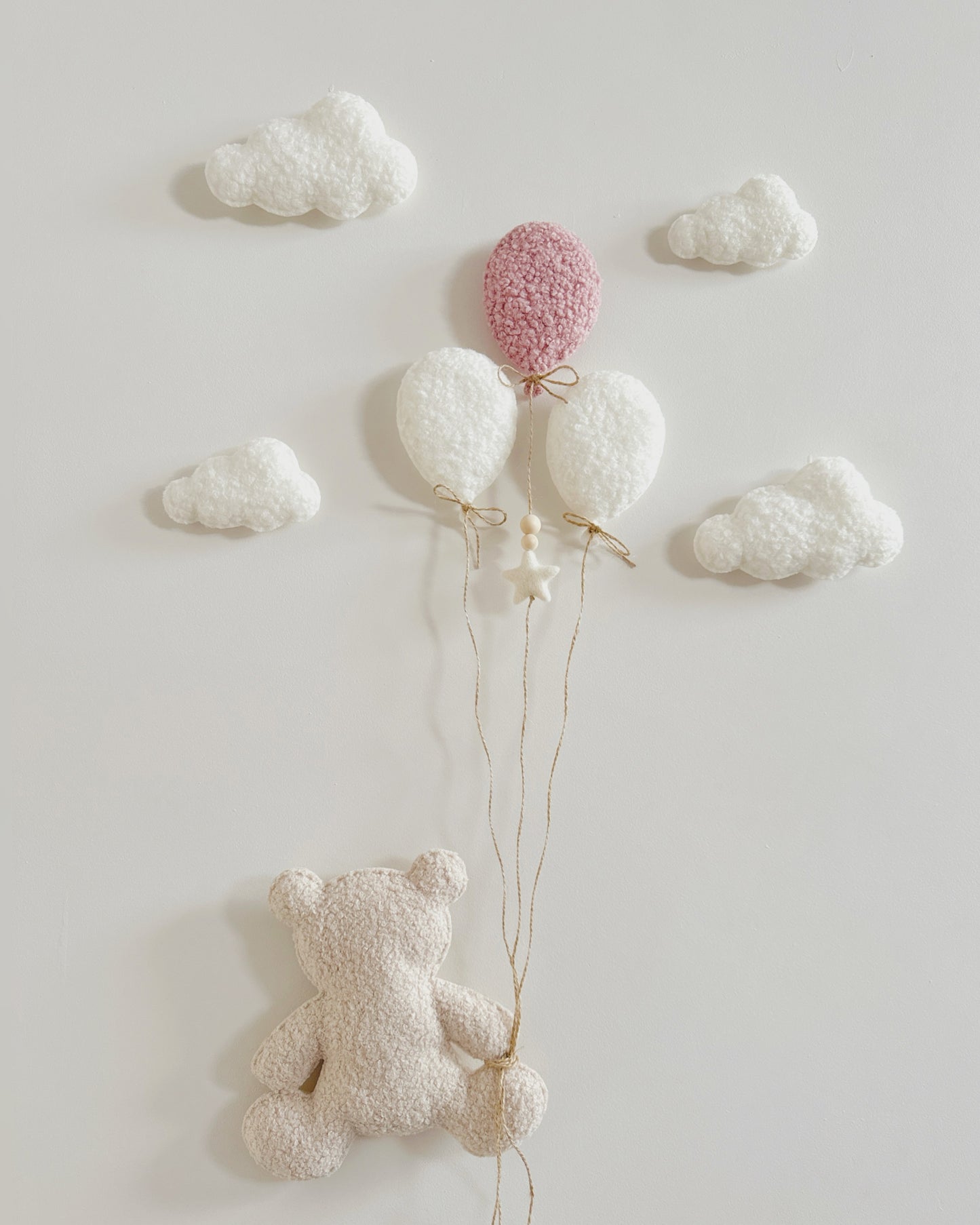 Balloon & Clouds Wall Display Set - 8 piece - 3 Mini Balloons - Large Teddy Bear - Ivory, Ecru & Dusty Rose Bouclé