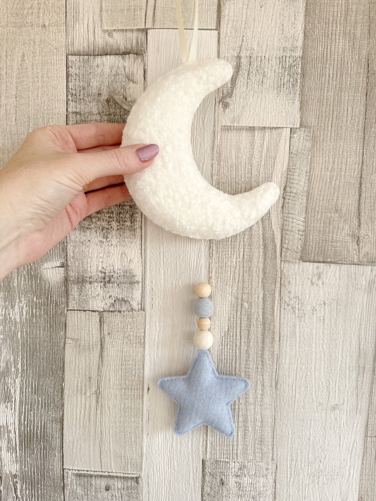 Mini Bouclé Moon & Star Hanging Decoration - Ivory Bouclé & Baby Blue Felt