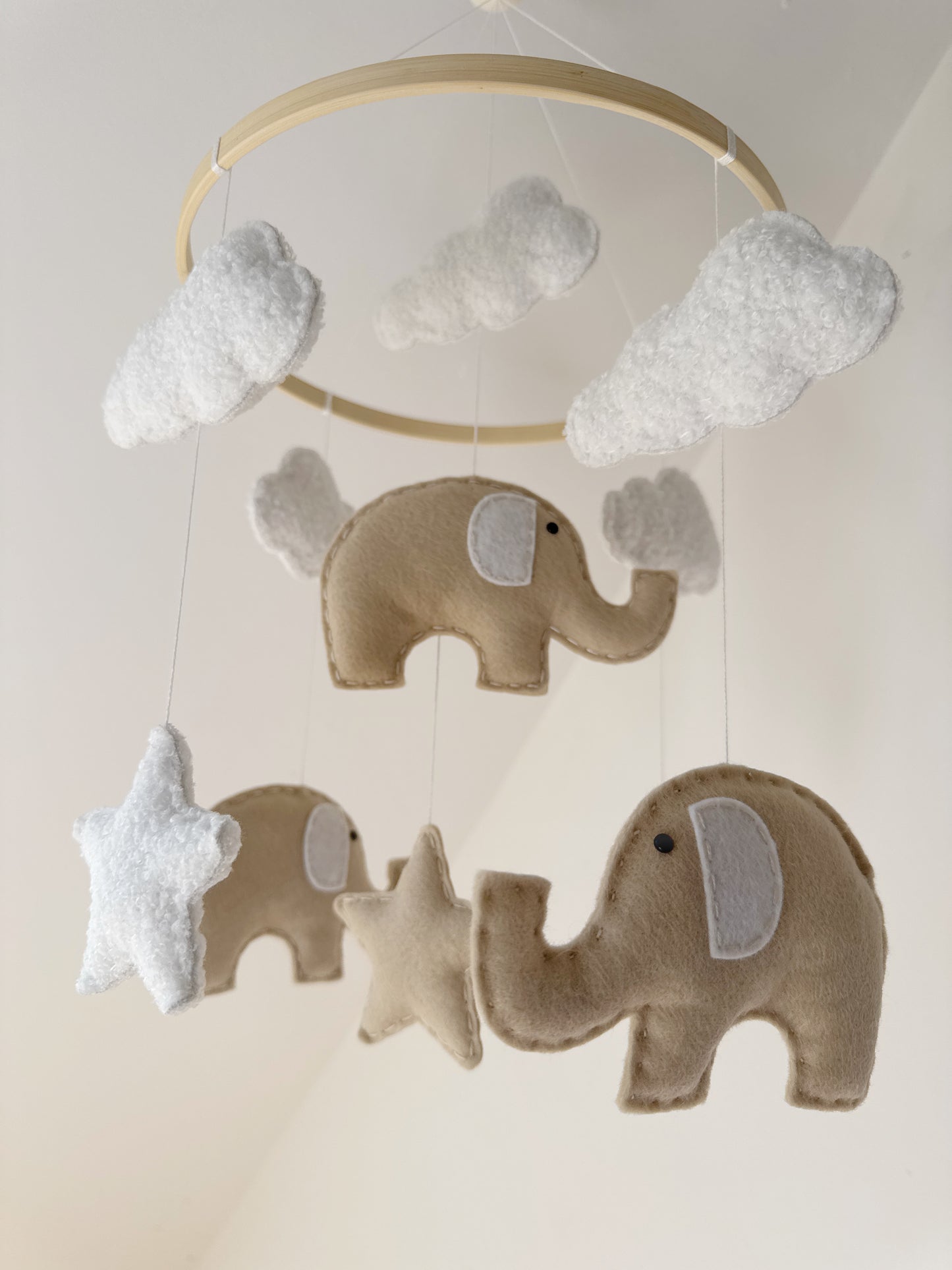 Elephants, Clouds & Stars Cot Mobile - Beige Felt & White Bouclé