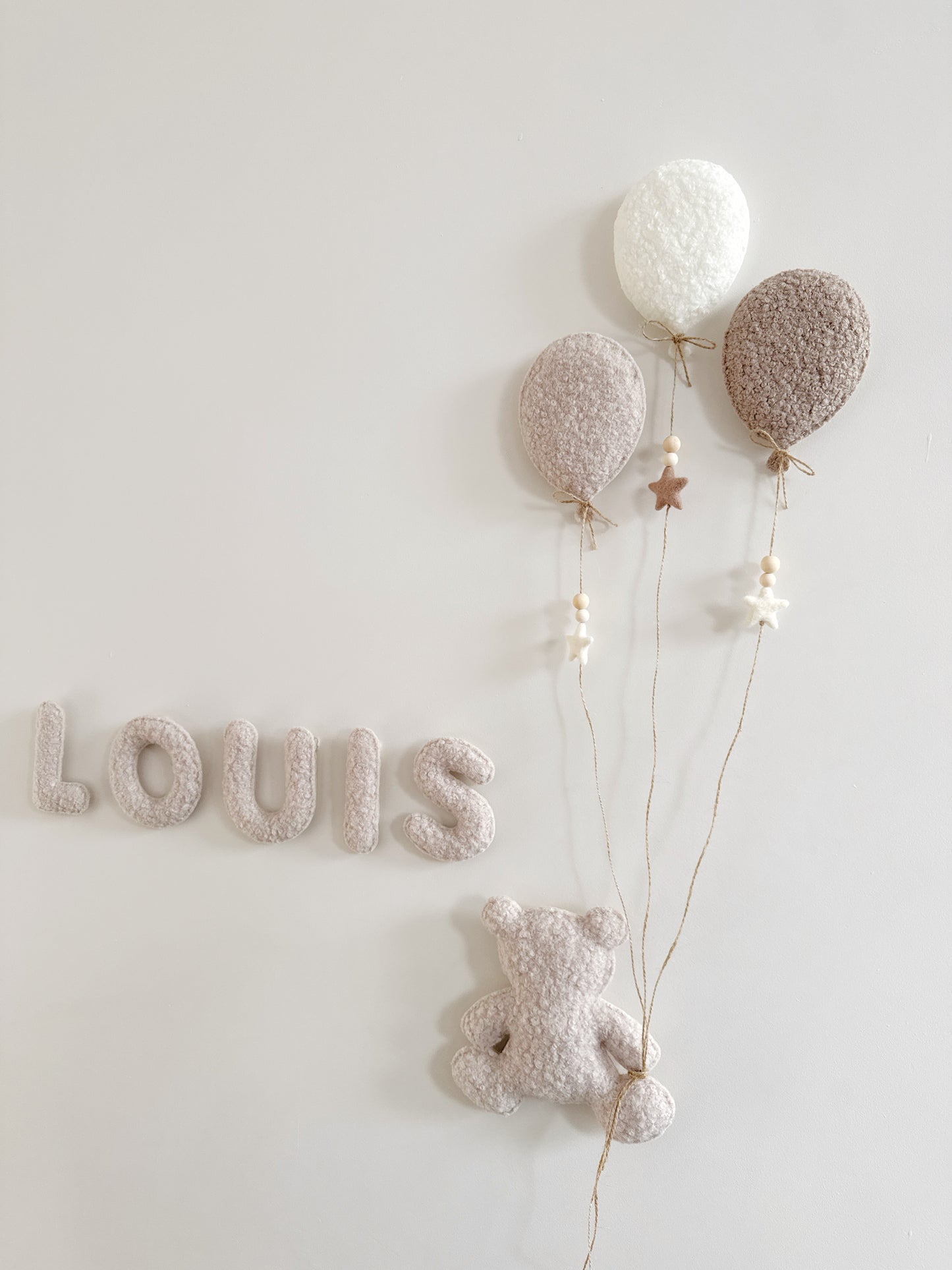 Personalised Name with Large Teddy Bear & 3 Small Balloons Mix - No Clouds - Wall Display Set - Ivory & Stone Bouclé
