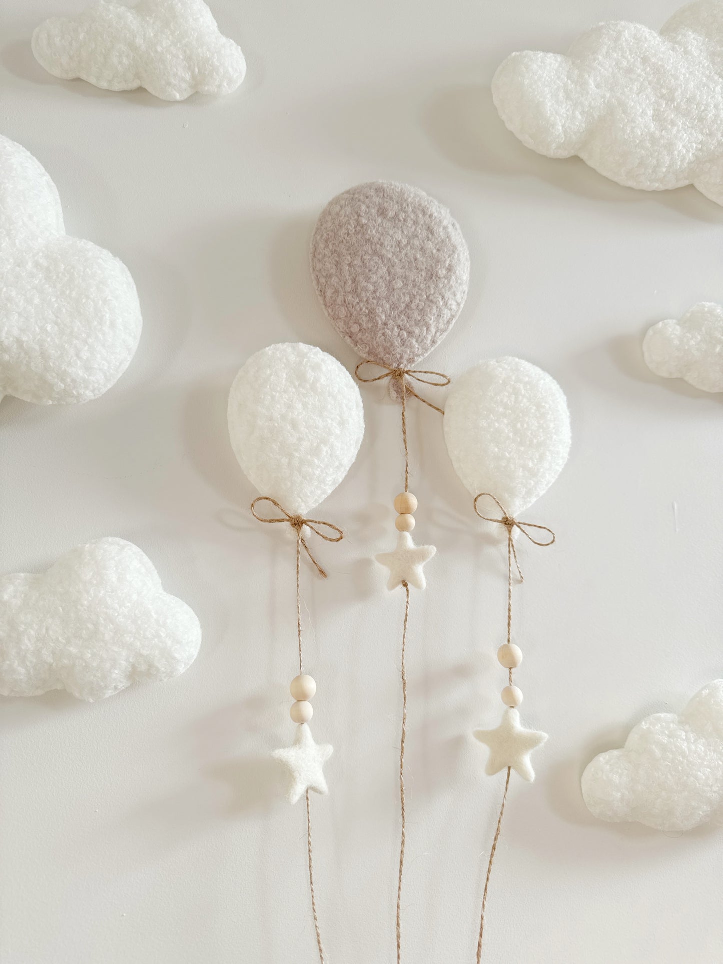 Balloon & Clouds Wall Display Set - 10 piece Set with XL Clouds, Small & Mini Balloons - Large Teddy Bear - Ivory & Stone Bouclé