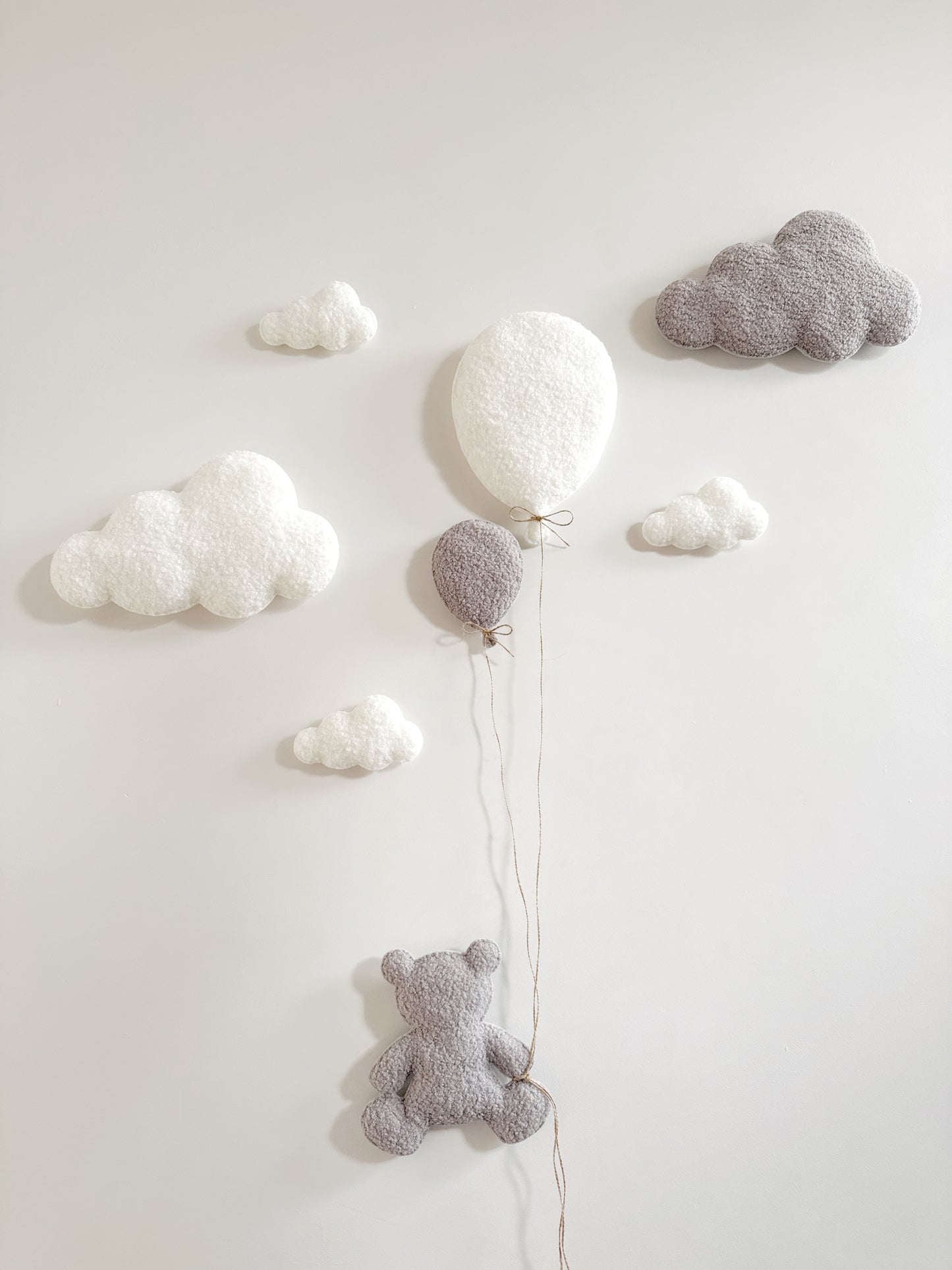 Balloons & Clouds Wall Display Set - 2 Balloons, Large Teddy Bear - Ivory & Light Grey Bouclé