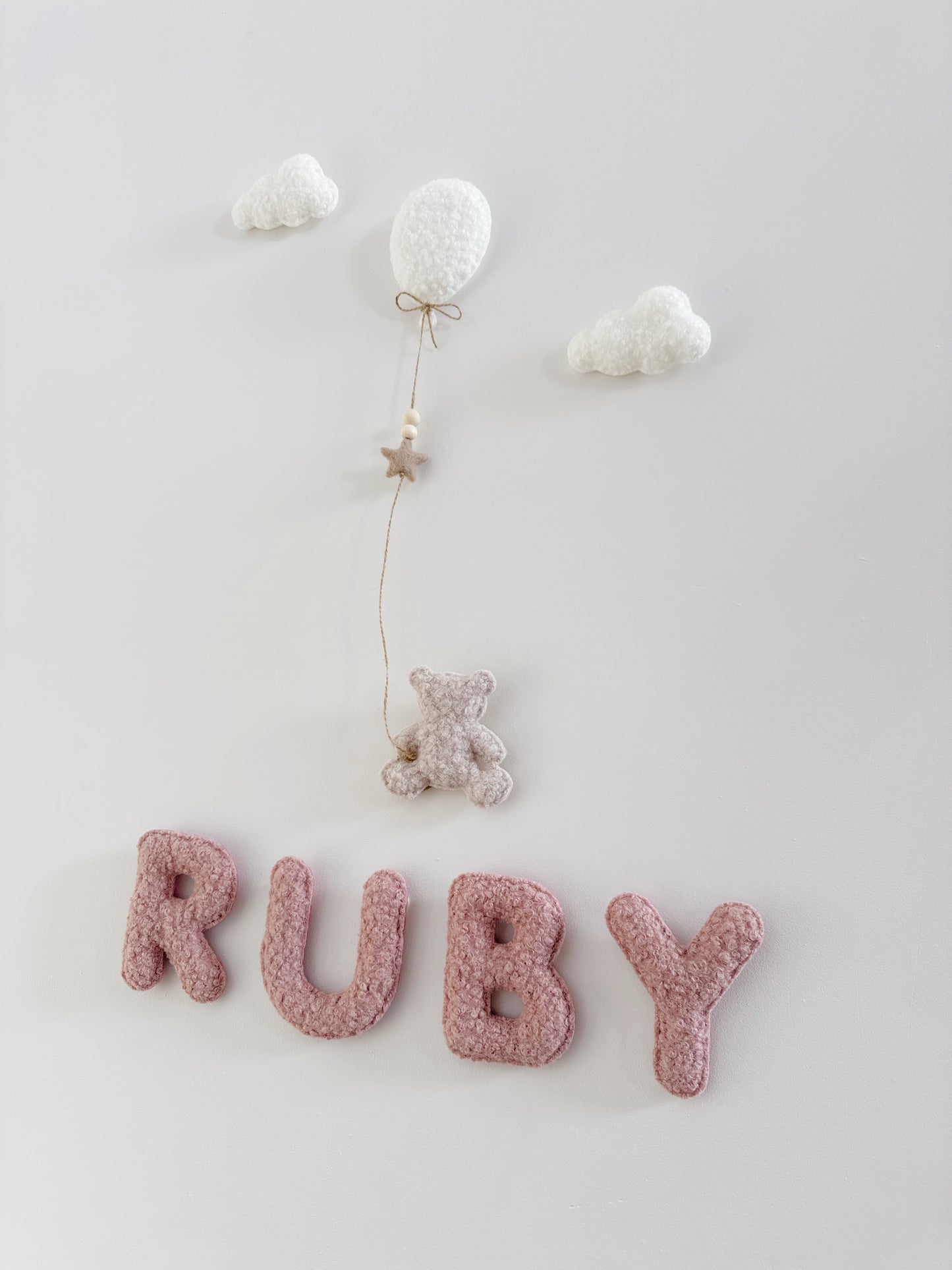Personalised Name with Mini Teddy Bear, Balloon & Clouds Wall Display Set - Ivory, Rose & Stone Bouclé