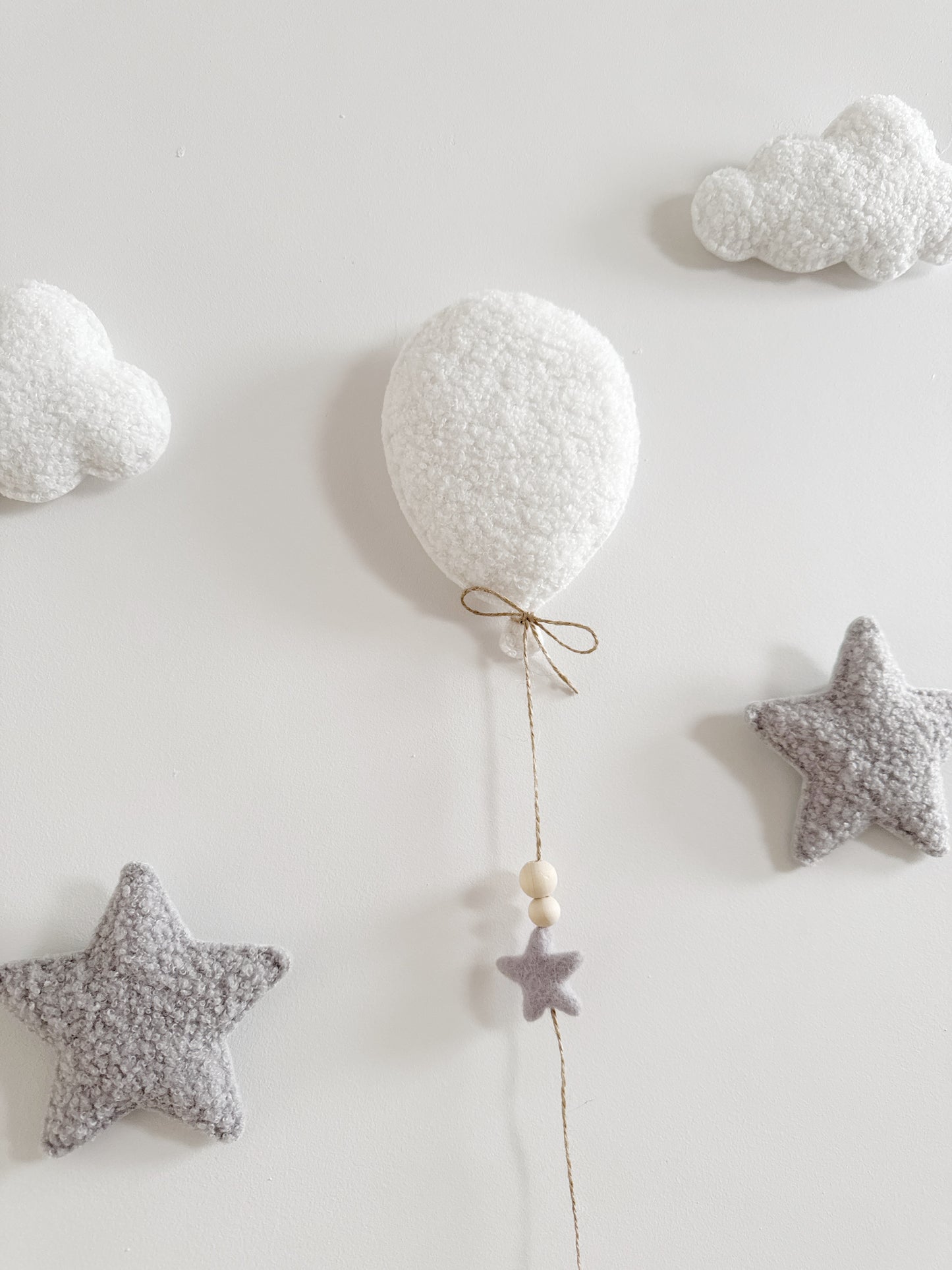 Mini Baby Bear Wall Display Set - Balloon & Teddy Bear with Clouds & Stars - White & Light Grey Bouclé
