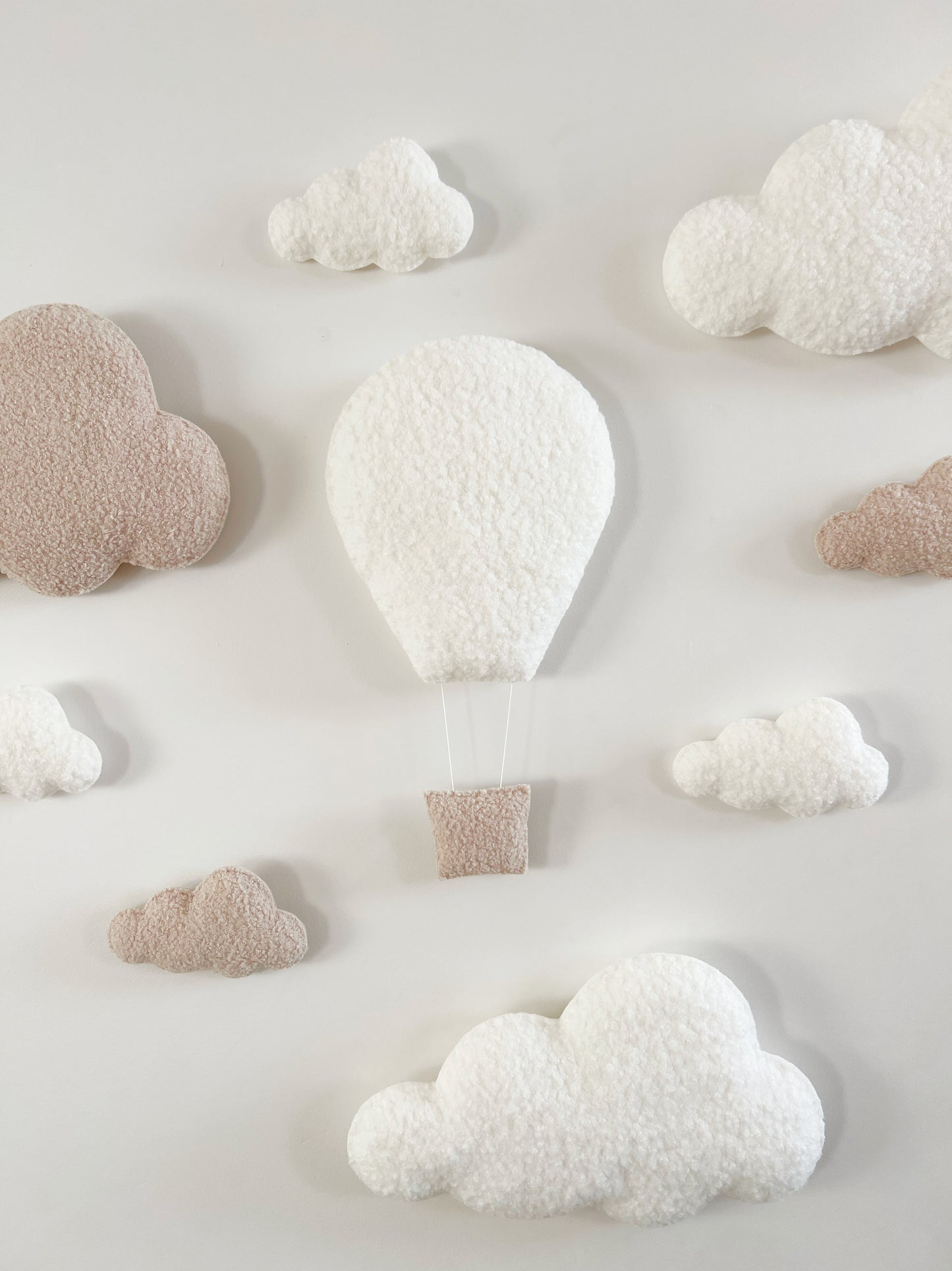 Large Hot Air Balloon Wall Display Set with XL & Small Clouds - 9 piece set - Ivory & Ecru Bouclé