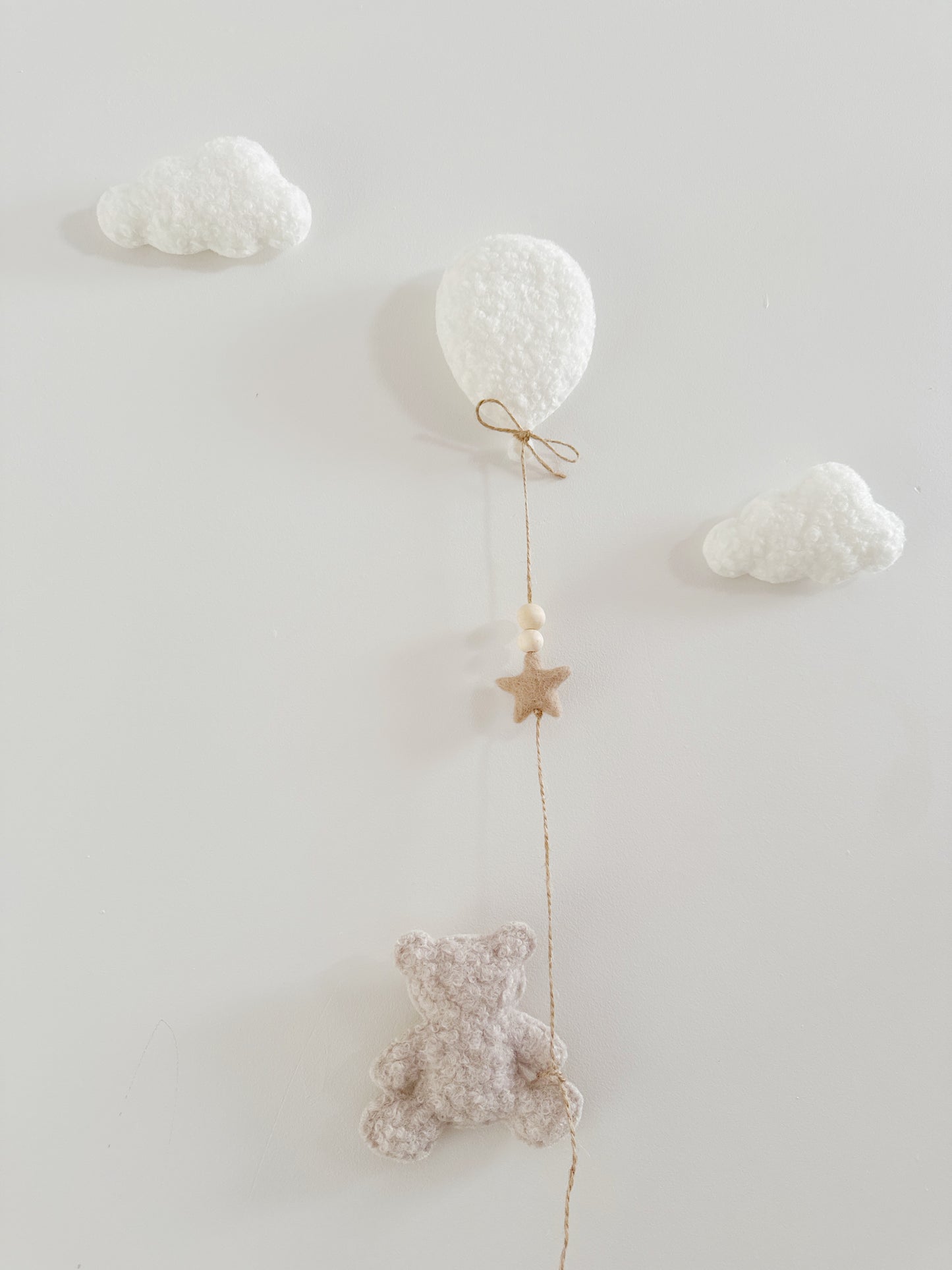 Mini Baby Bear Wall Display Set - Balloon & Teddy Bear with Clouds - Ivory & Stone Bouclé