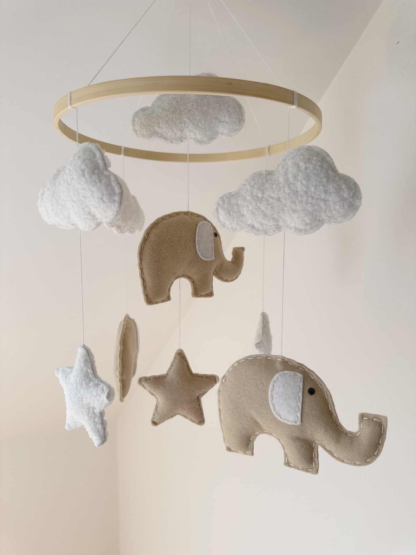 Elephants, Clouds & Stars Cot Mobile - Beige Felt & White Bouclé
