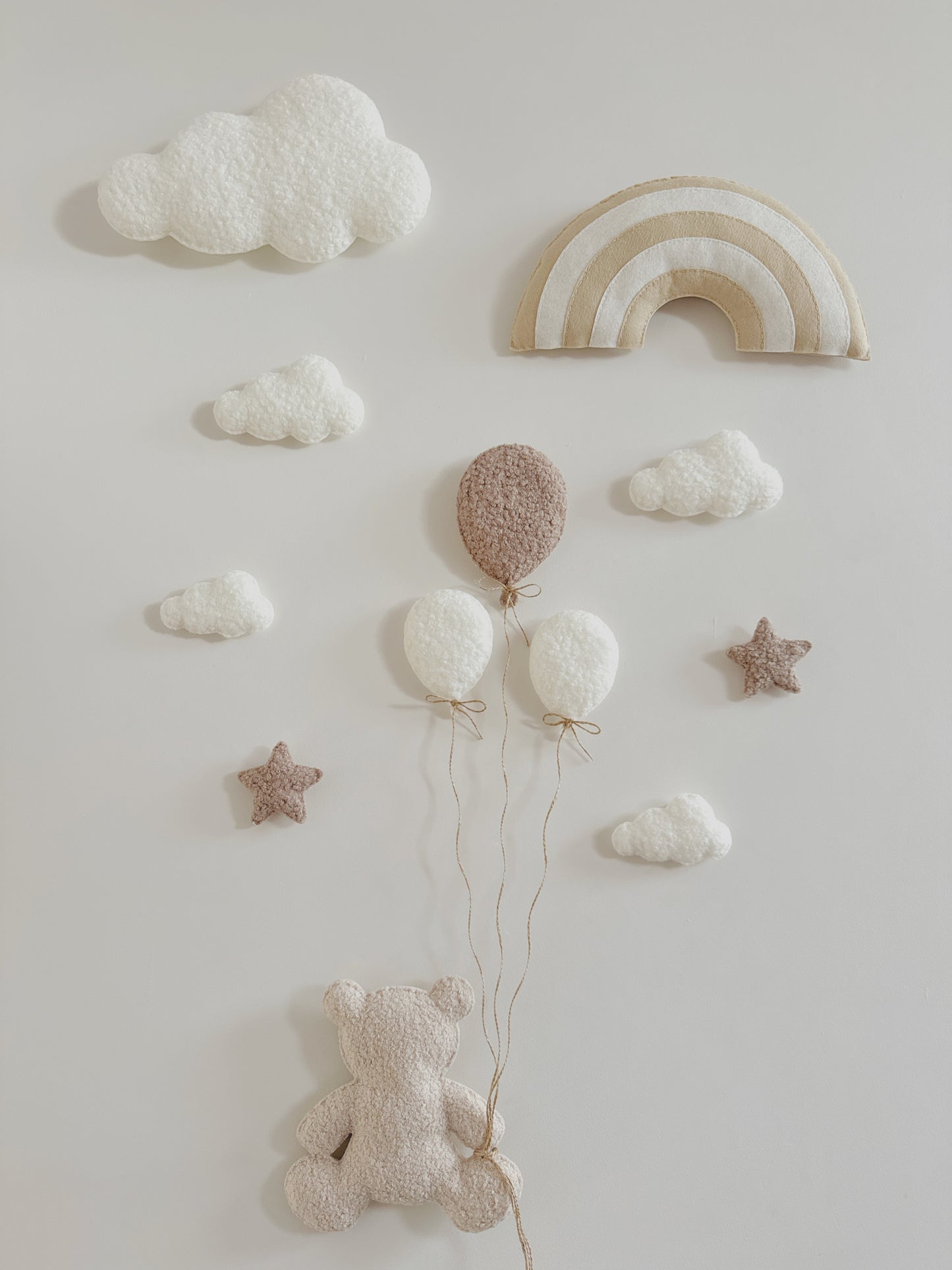 Layered Felt Rainbow, Balloons, Clouds & Stars Wall Display Set - Ivory, Taupe & Ecru Bouclé
