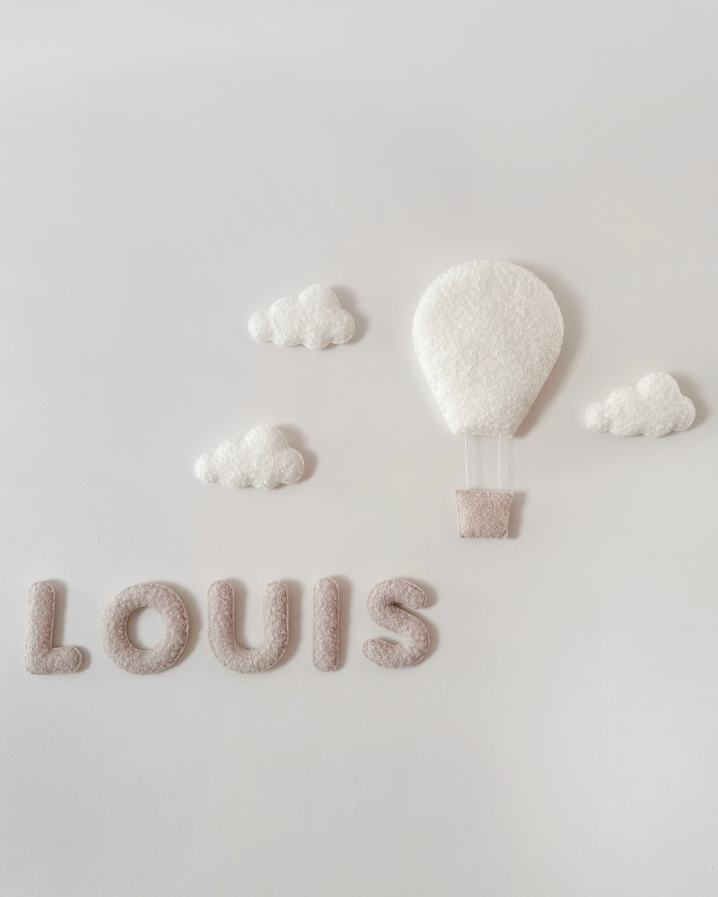Personalised Name & Hot Air Balloons with Clouds Wall Display Set - Ivory & Stone Bouclé