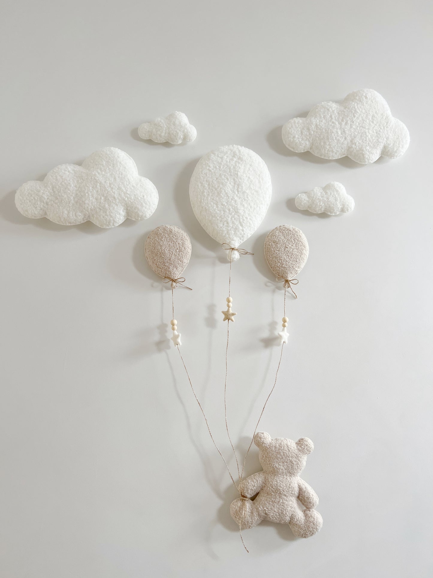 Balloons & Clouds Wall Display Set - 3 Balloons - Large Teddy Bear - Ivory & Stone Bouclé