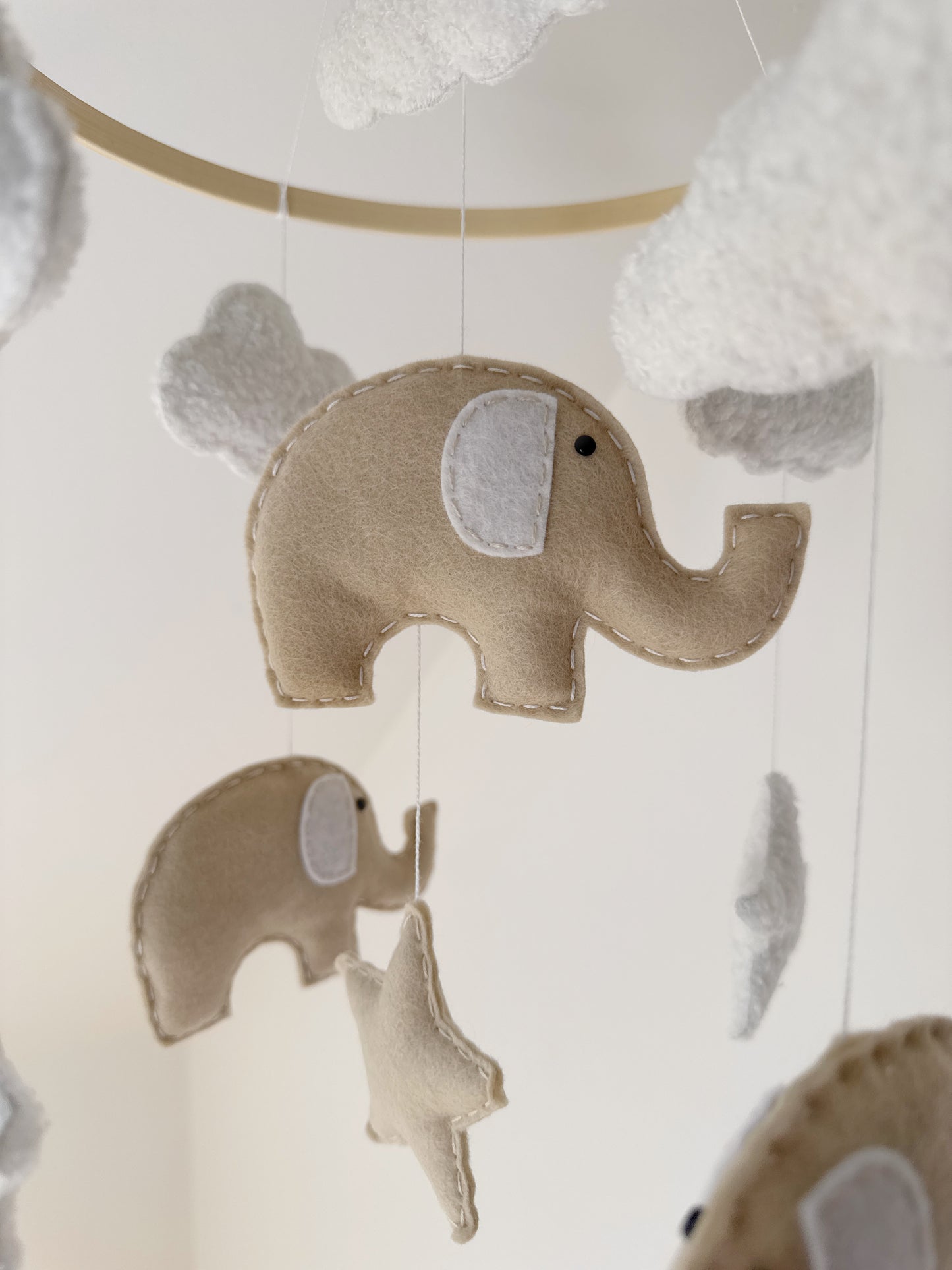 Elephants, Clouds & Stars Cot Mobile - Beige Felt & White Bouclé