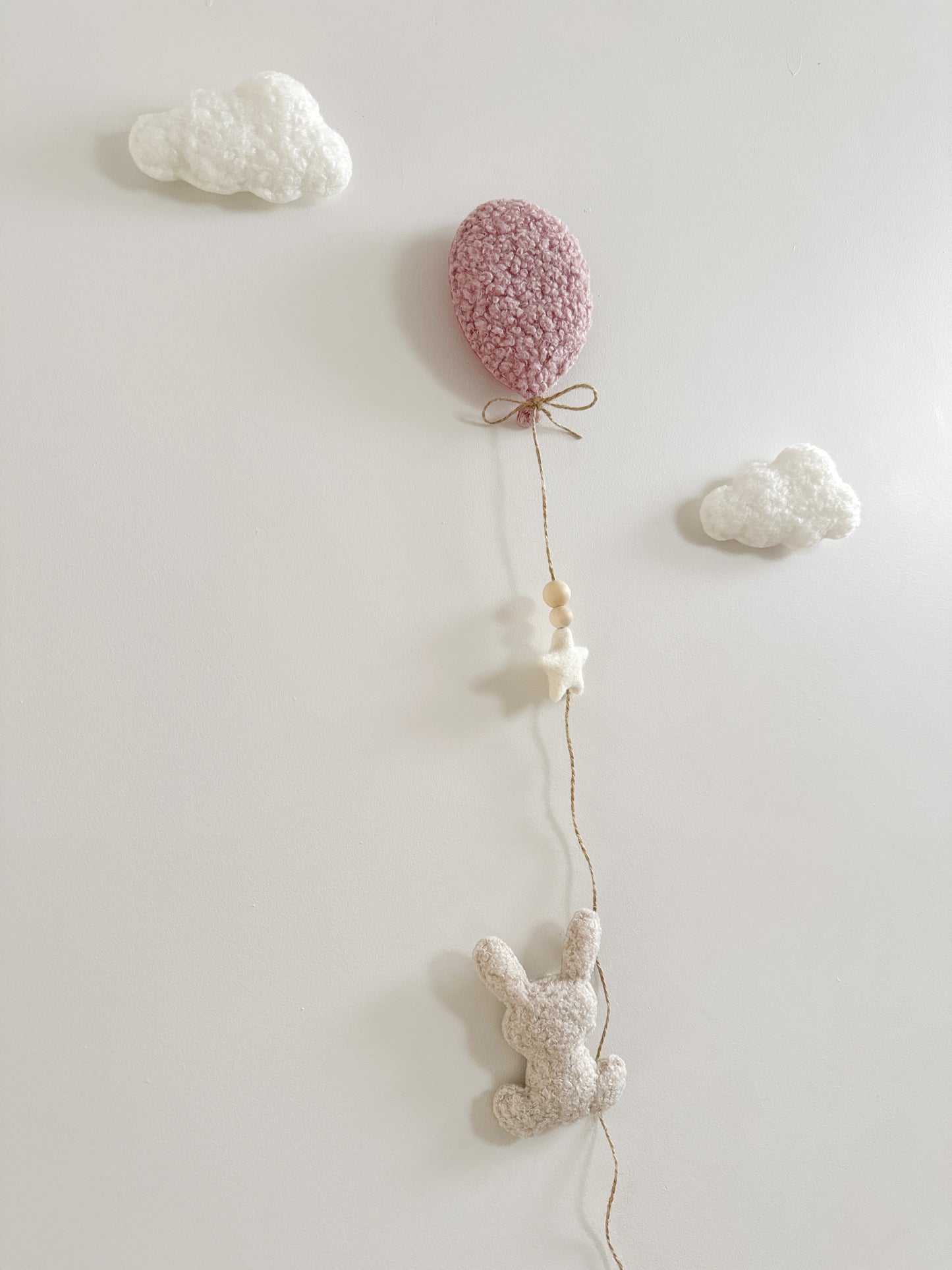 Mini Bunny Wall Display Set - Balloon & Bunny with Clouds - Ivory, Ecru & Dusty Rose Bouclé