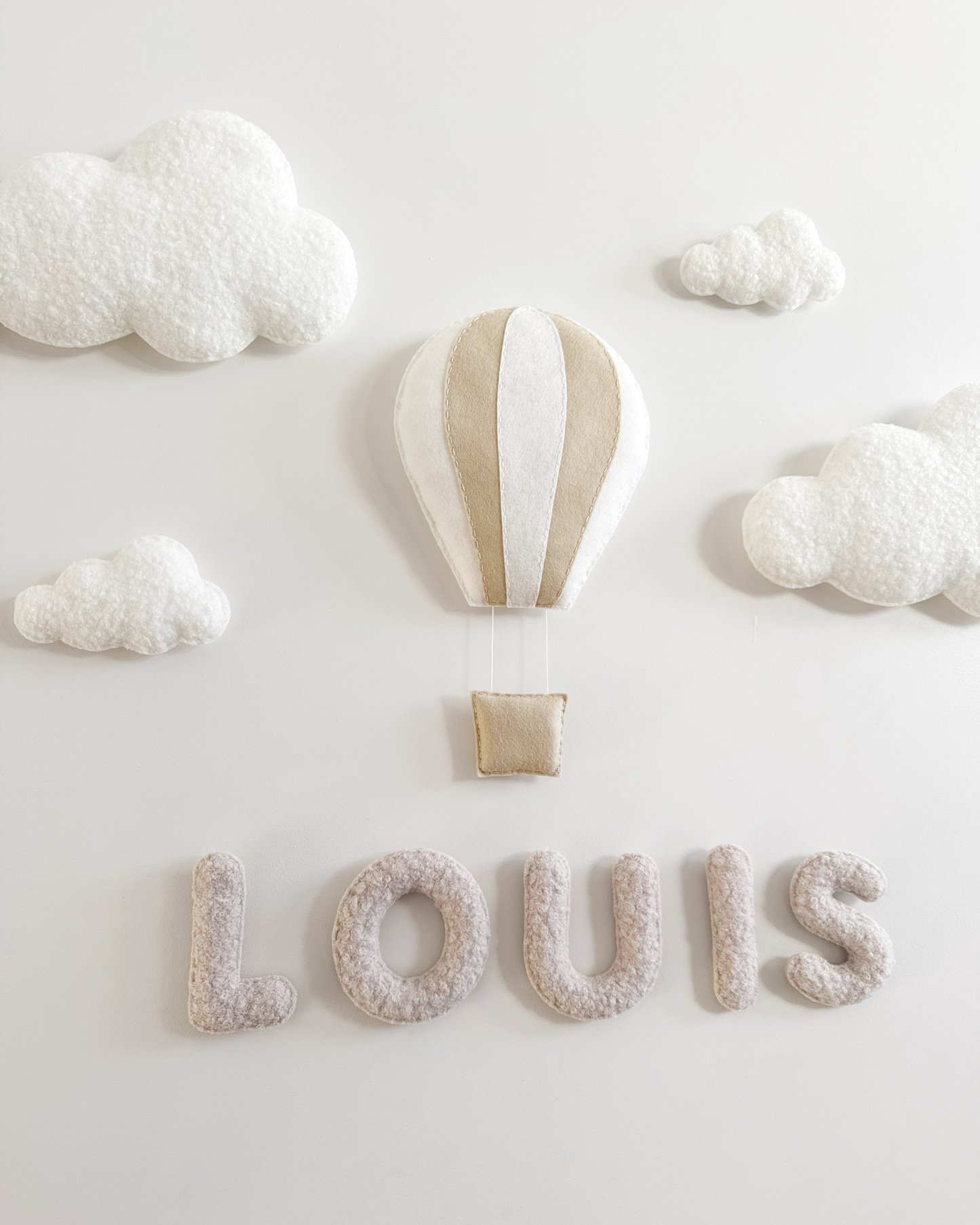 Personalised Name & Layered Felt Hot Air Balloon with Clouds Wall Display Set - Beige & Cream