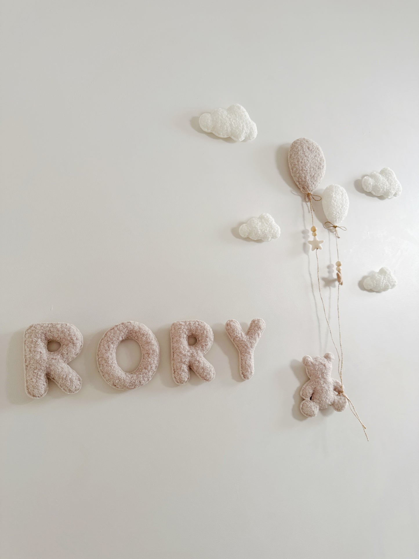 Personalised Name with Small Teddy Bear - Small & Mini Clouds - 2 Balloons 8pc Wall Display Set - Ivory & Stone Bouclé