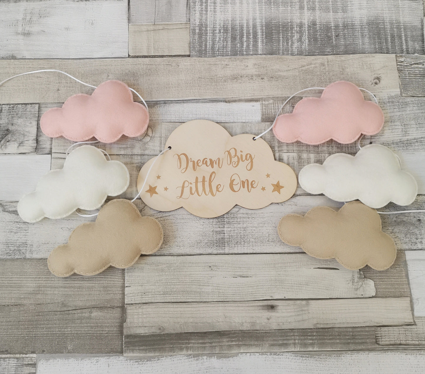 Dream Big Little One Pink Cream & Beige Cloud Bunting Nursery Decor, Neutral Nursery Decor, Cloud Theme Nursery