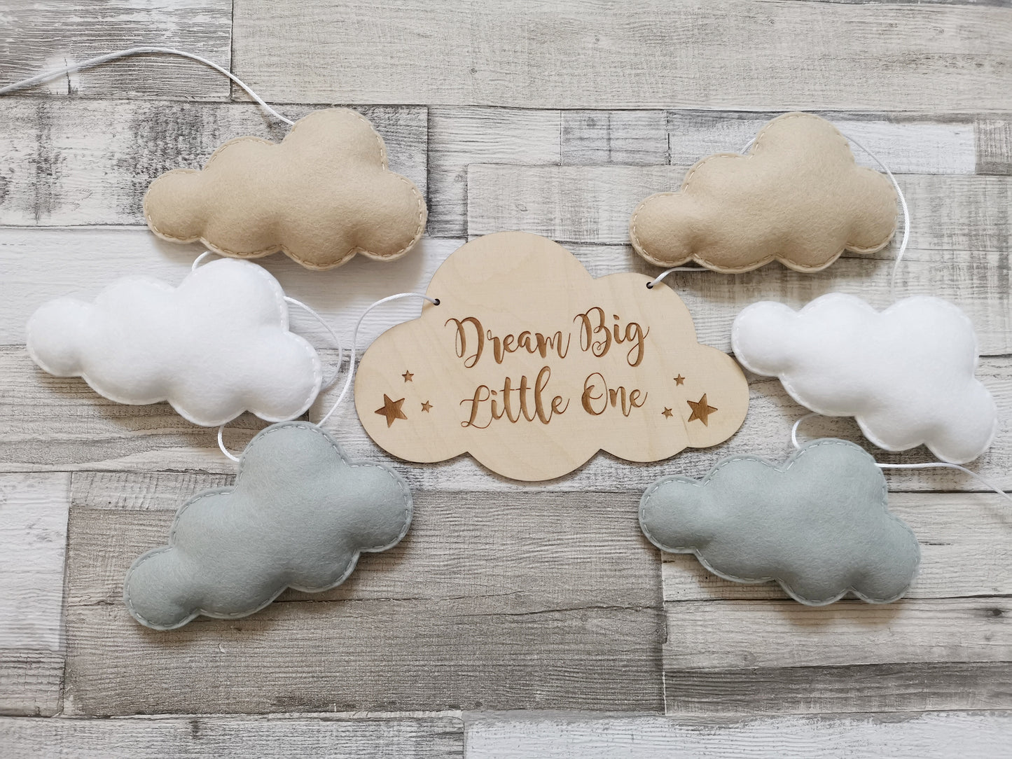 Dream Big Little One Beige White & Grey Cloud Bunting Nursery Decor, Neutral Nursery Decor, Cloud Theme Nursery