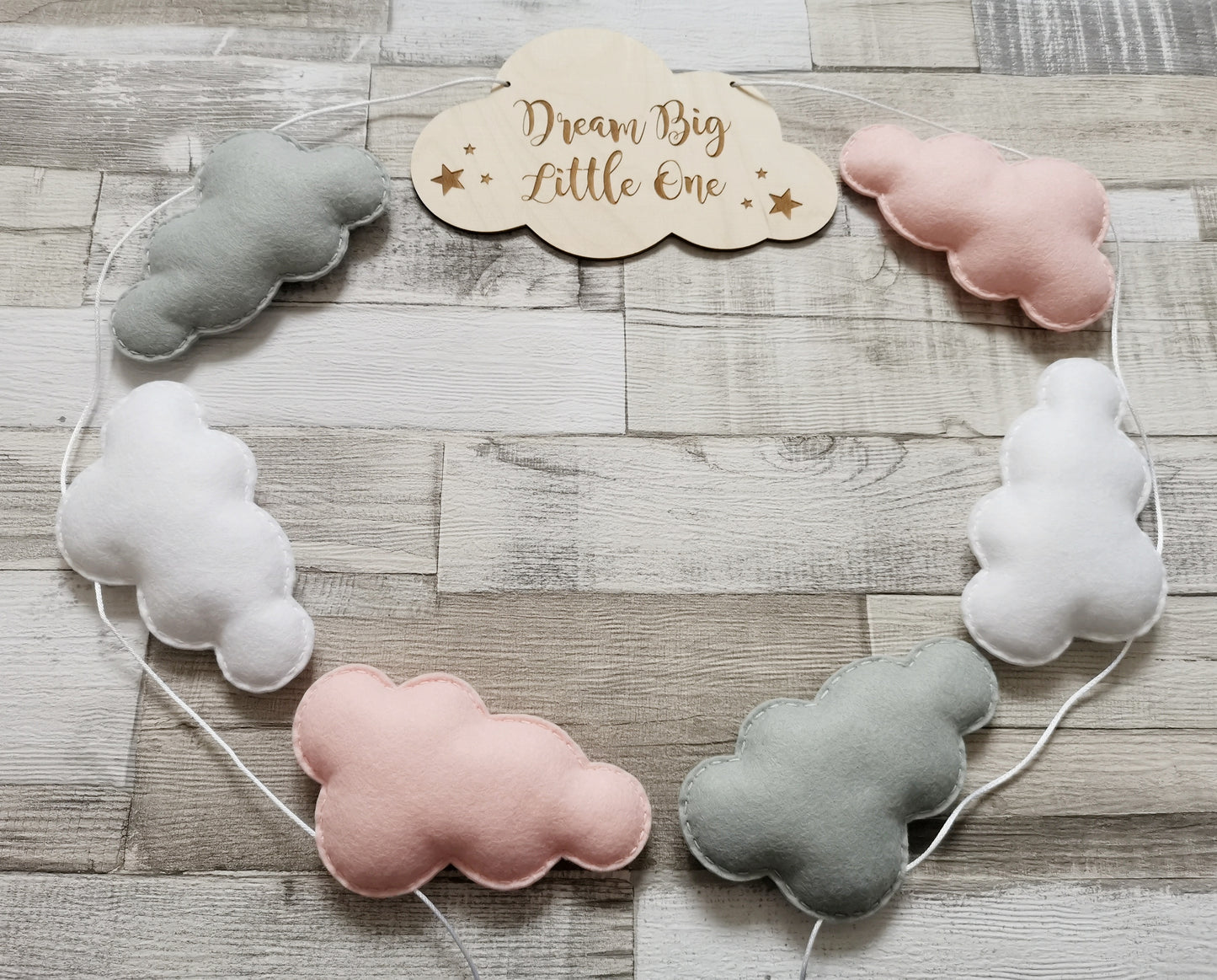 Dream Big Little One Pink White & Grey Cloud Bunting Nursery Decor, Neutral Nursery Decor, Cloud Theme Nursery