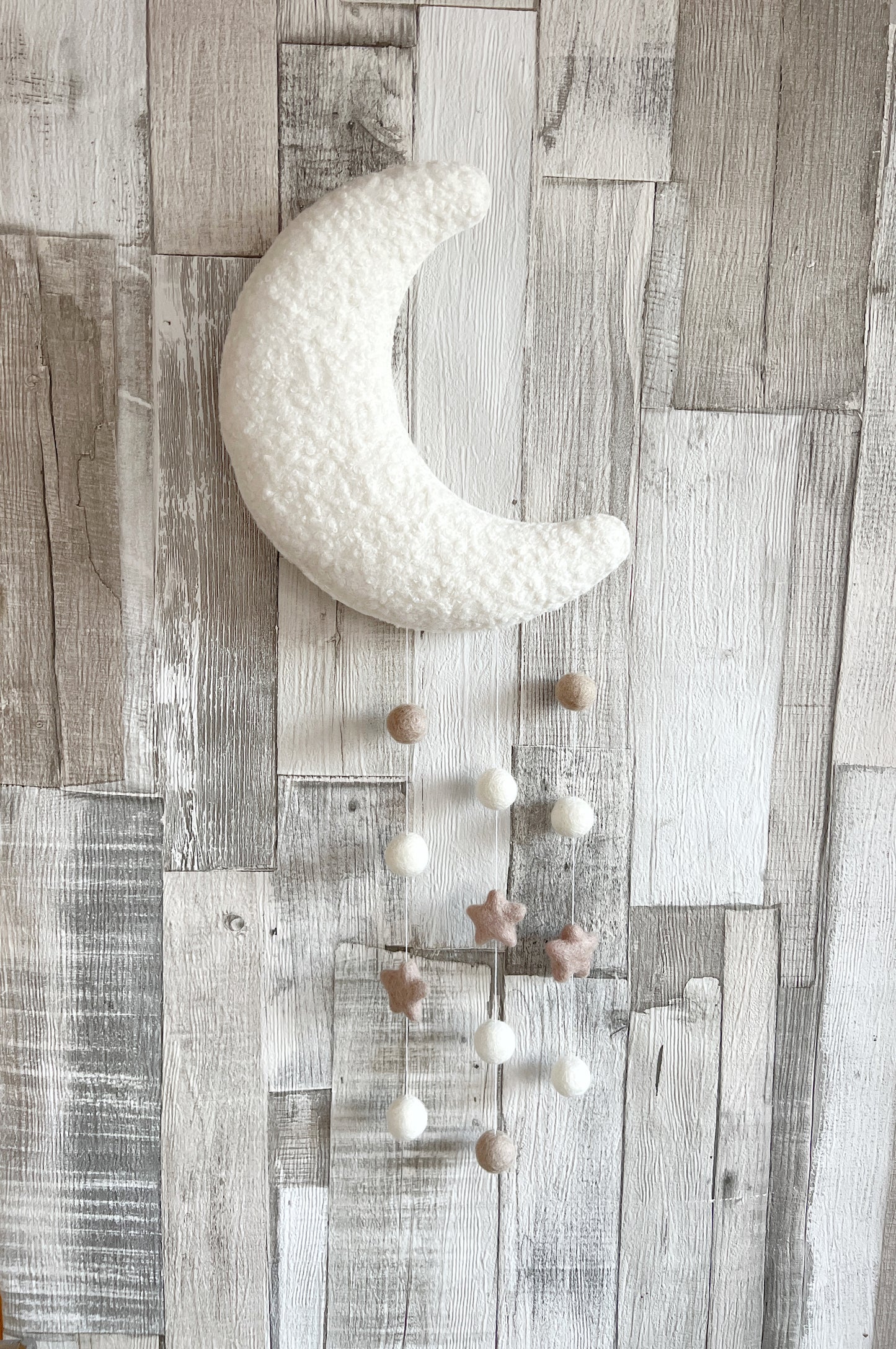 Ivory Bouclé Felt Balls & Stars Moon Wall Mobile