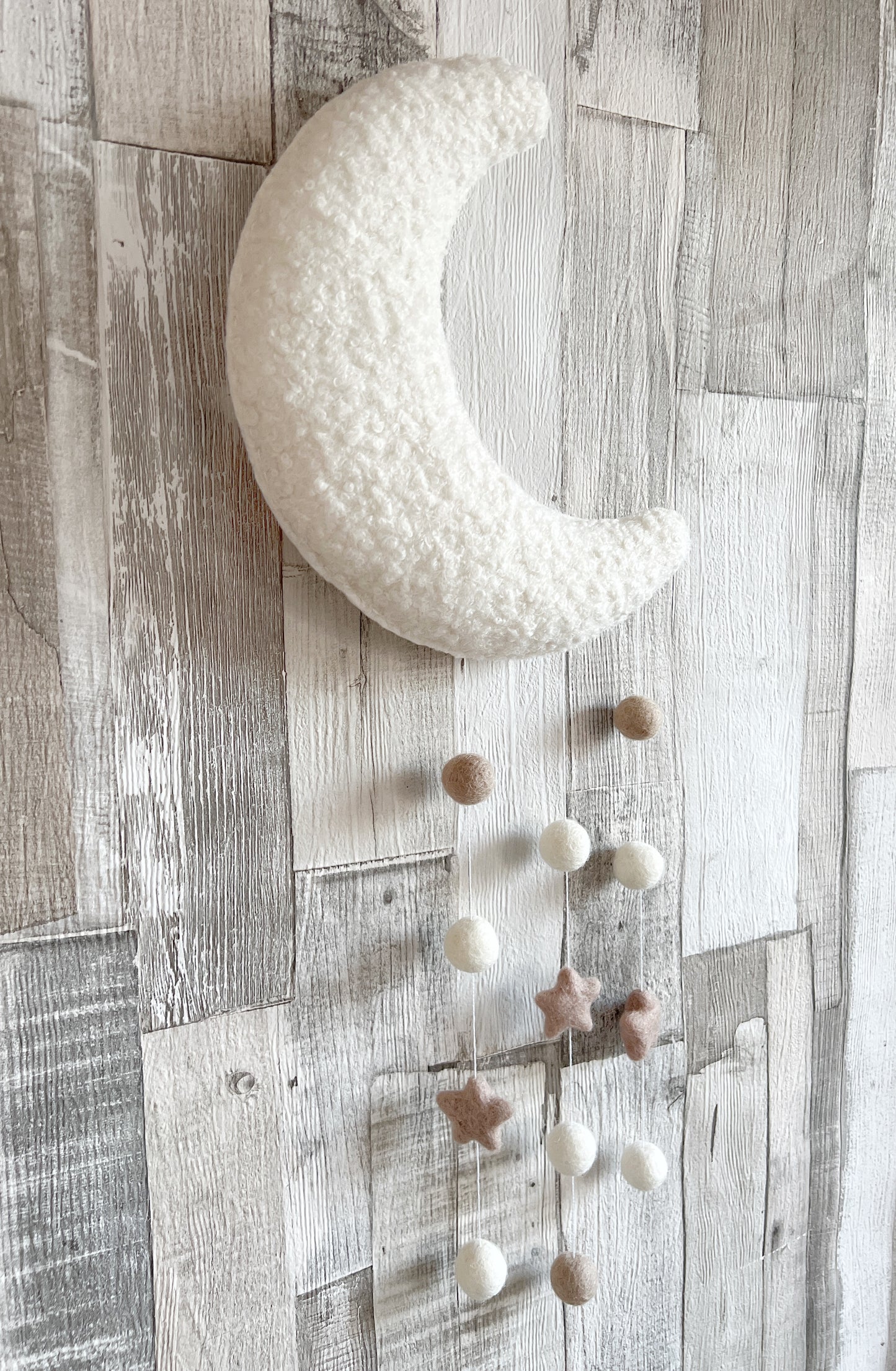 Ivory Bouclé Felt Balls & Stars Moon Wall Mobile
