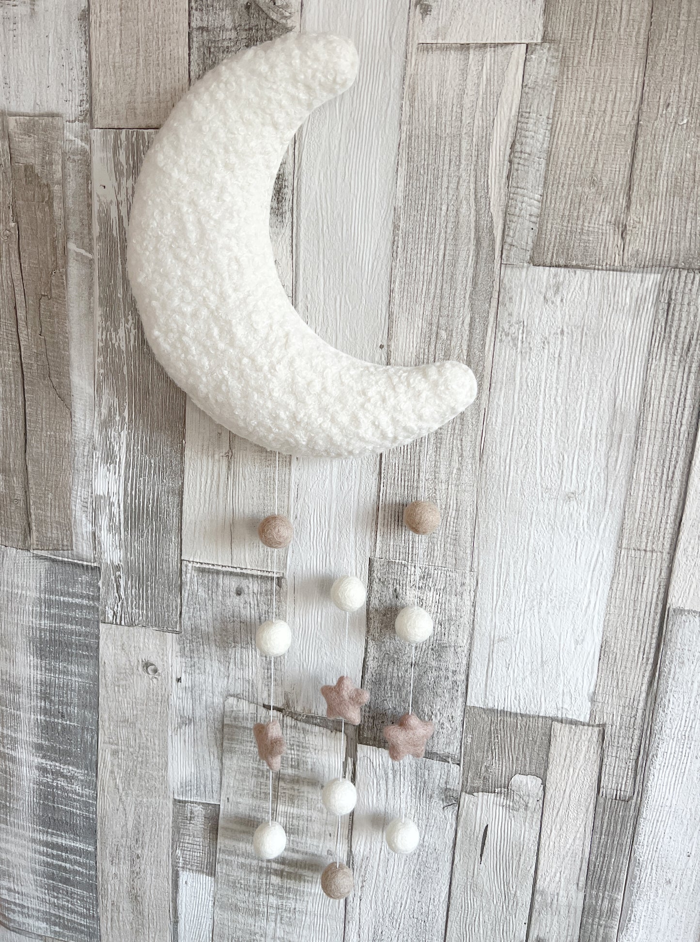 Ivory Bouclé Felt Balls & Stars Moon Wall Mobile