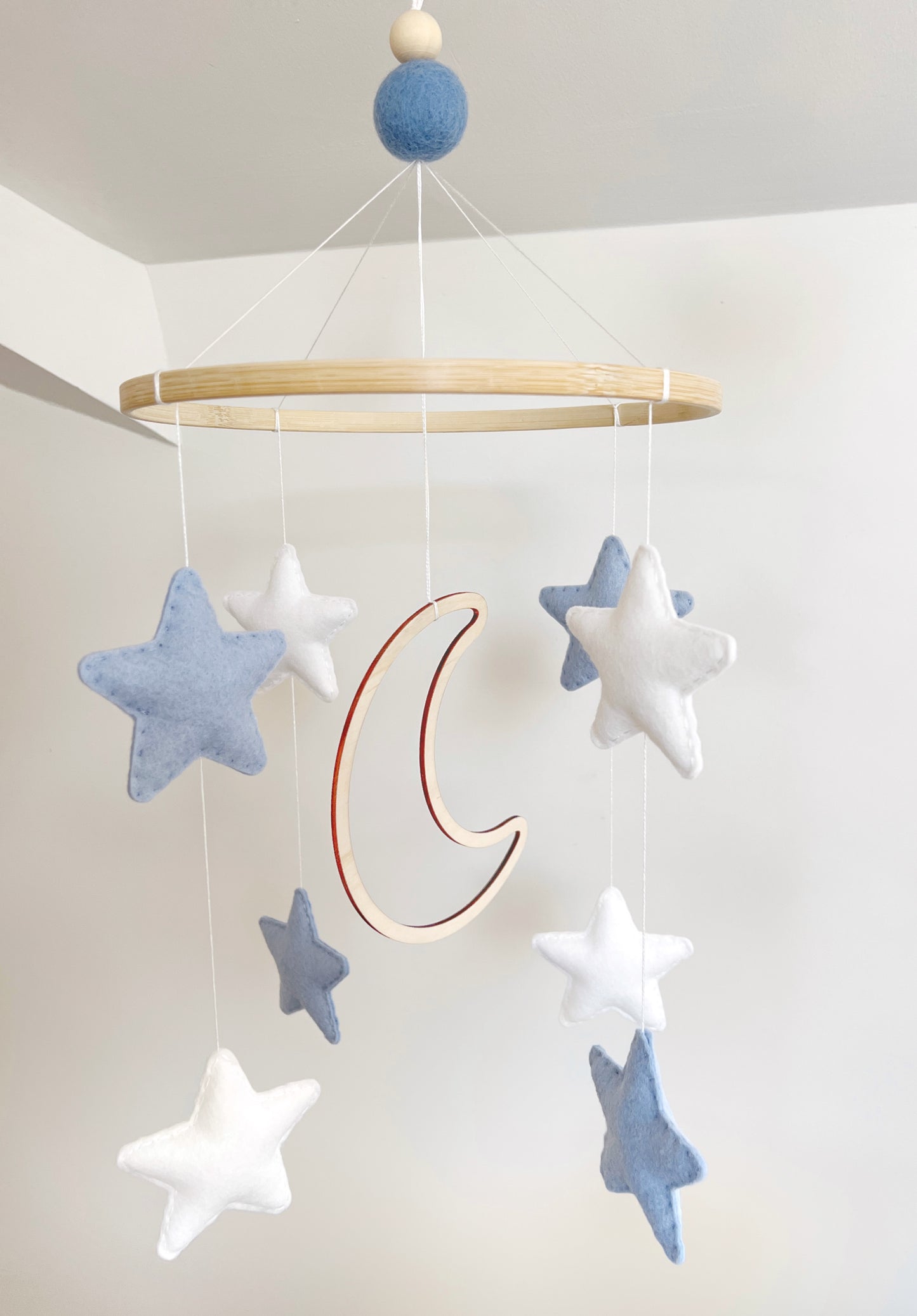 Wooden Moon with Blue & White Stars Cot Mobile