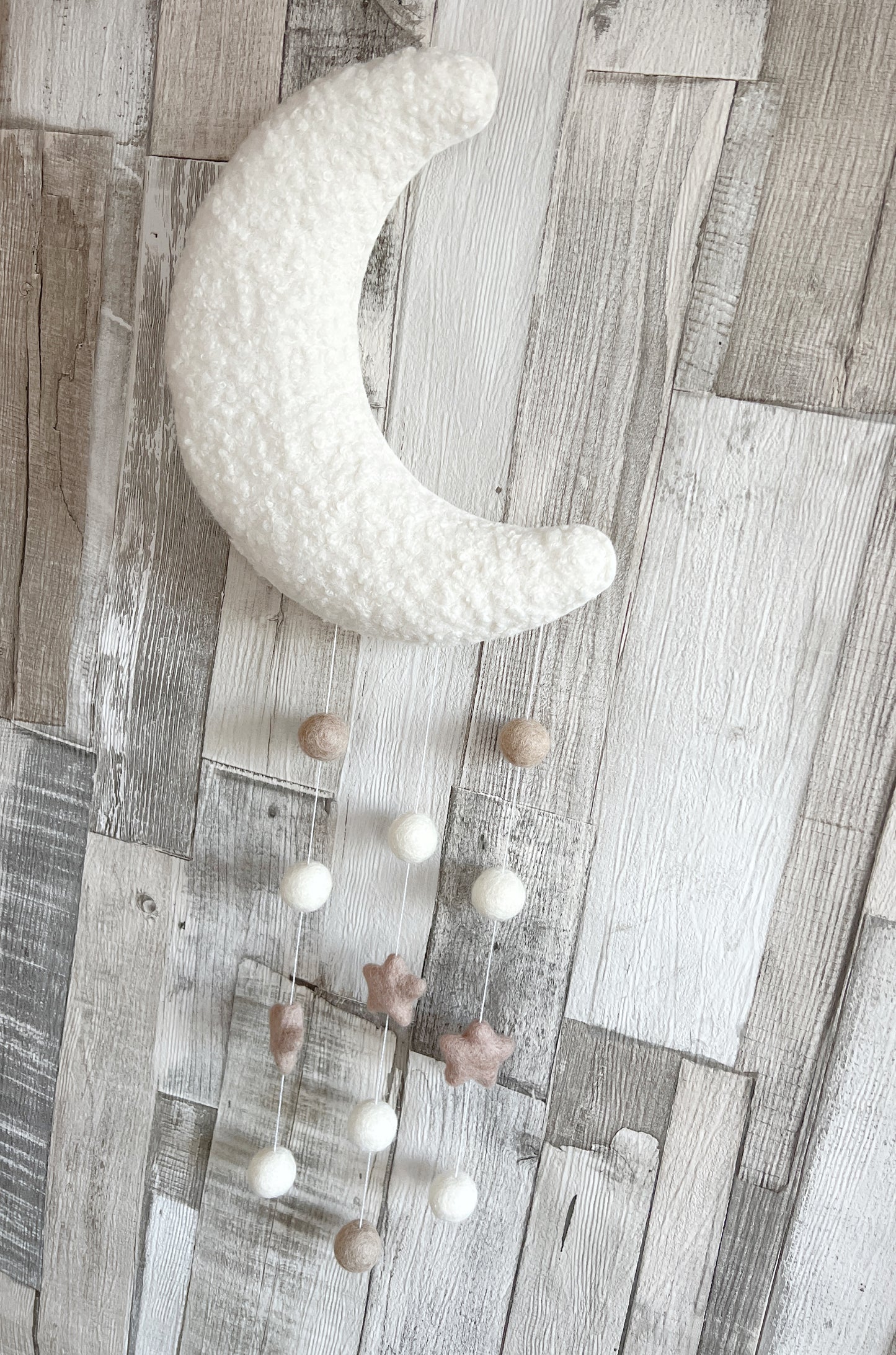 Ivory Bouclé Felt Balls & Stars Moon Wall Mobile