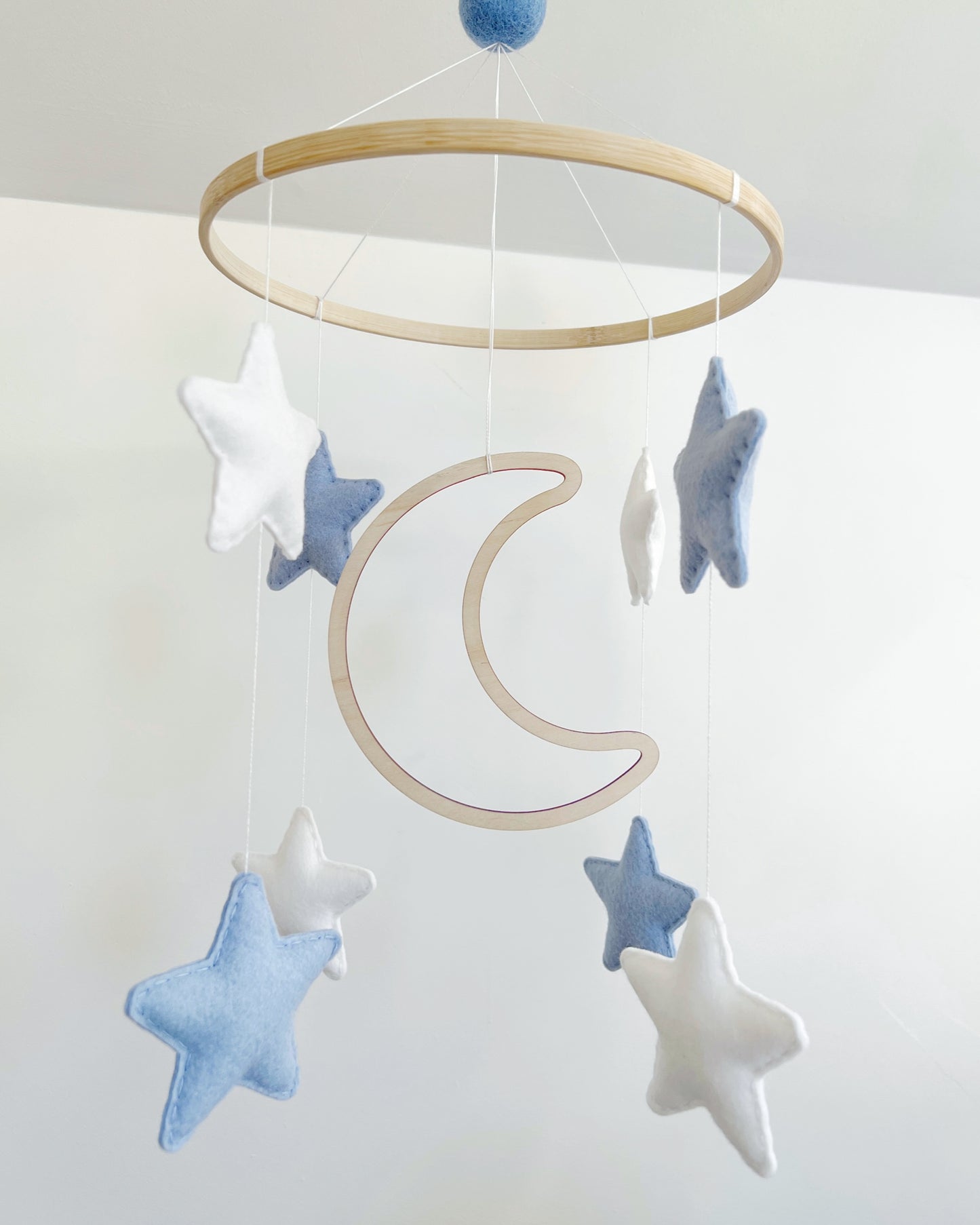 Wooden Moon with Blue & White Stars Cot Mobile