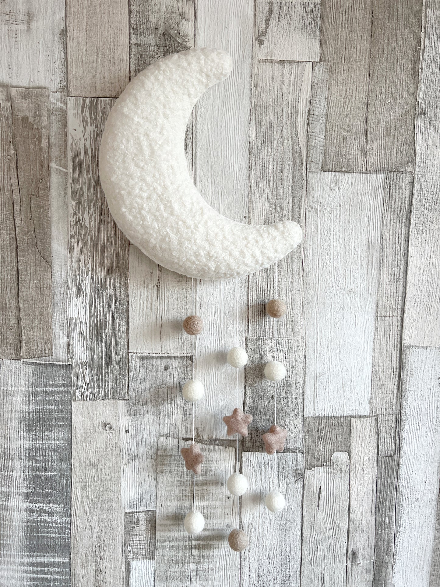 Ivory Bouclé Felt Balls & Stars Moon Wall Mobile