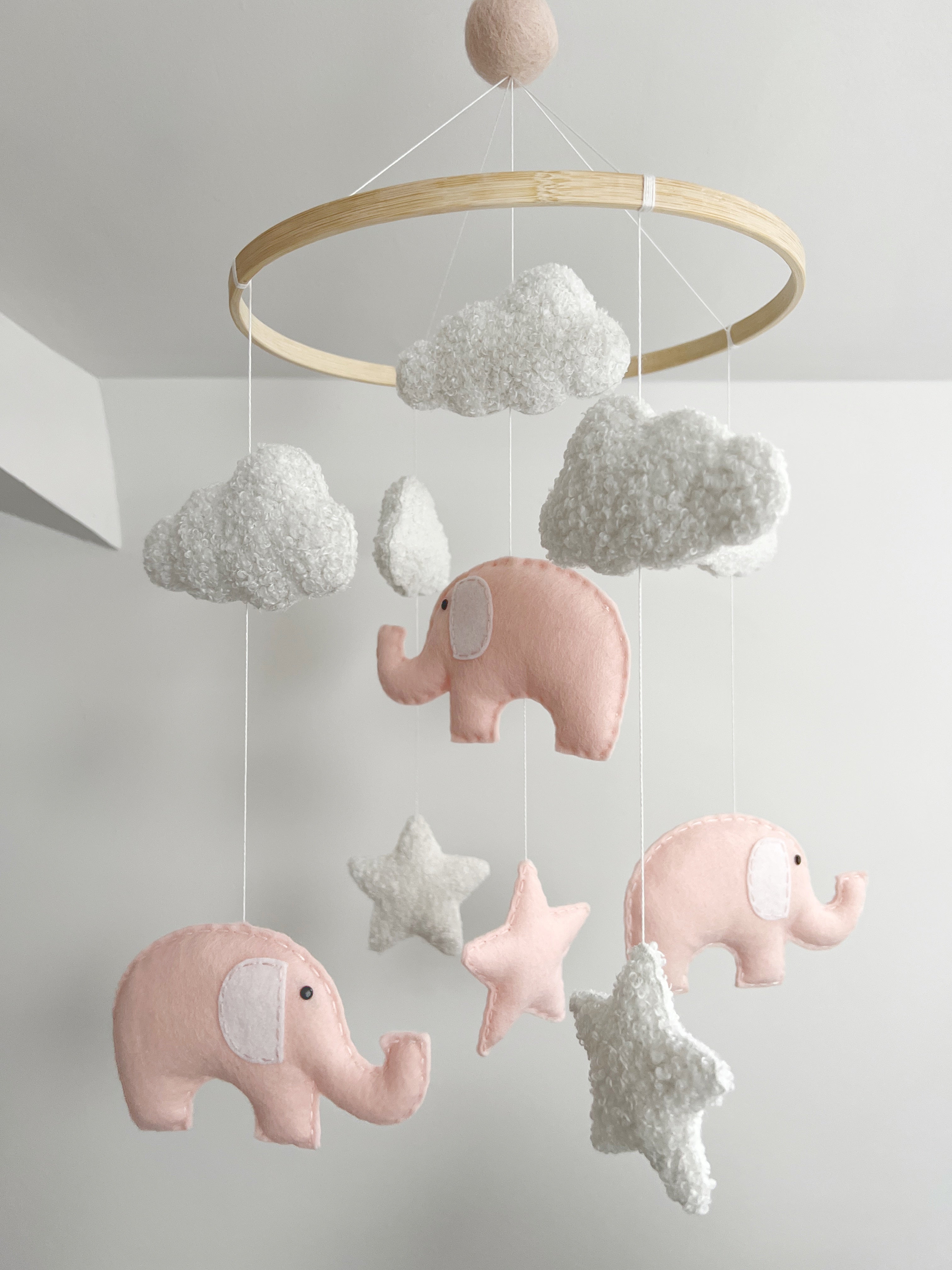 Elephants, Clouds Stars Cot Mobile Blush Pink White Bouclé