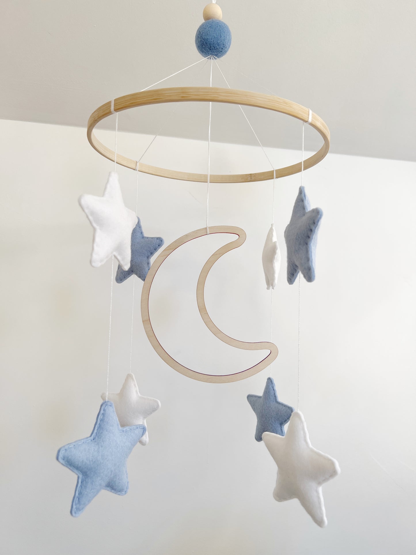 Wooden Moon with Blue & White Stars Cot Mobile